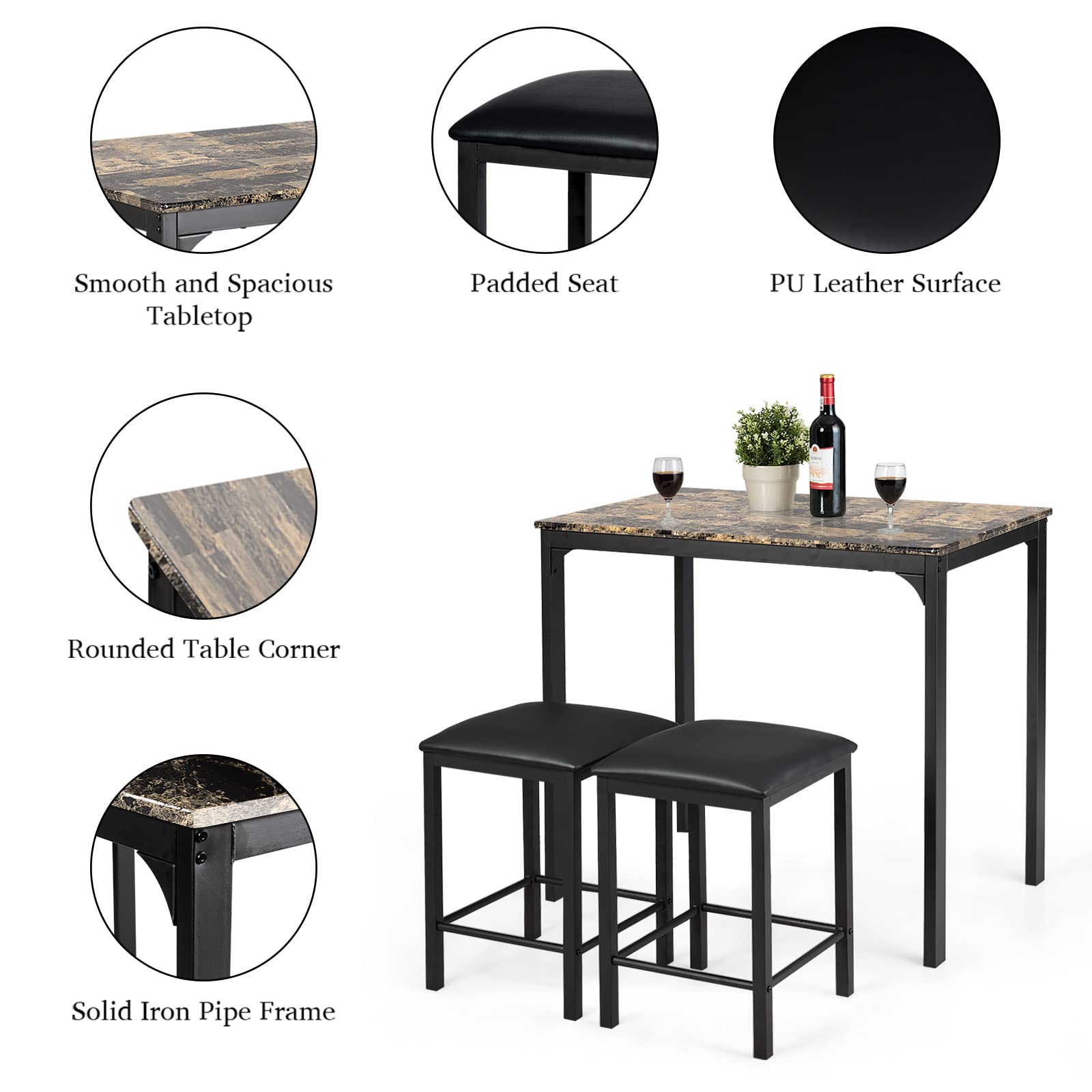 Casart 3-Piece Faux Marble Dining Table Set with 2 Stools - Modern Kitchen & Bar Counter Height Table for Small Spaces, Breakfast Nook, Apartment, Condo - Easy Assembly & Durable Design