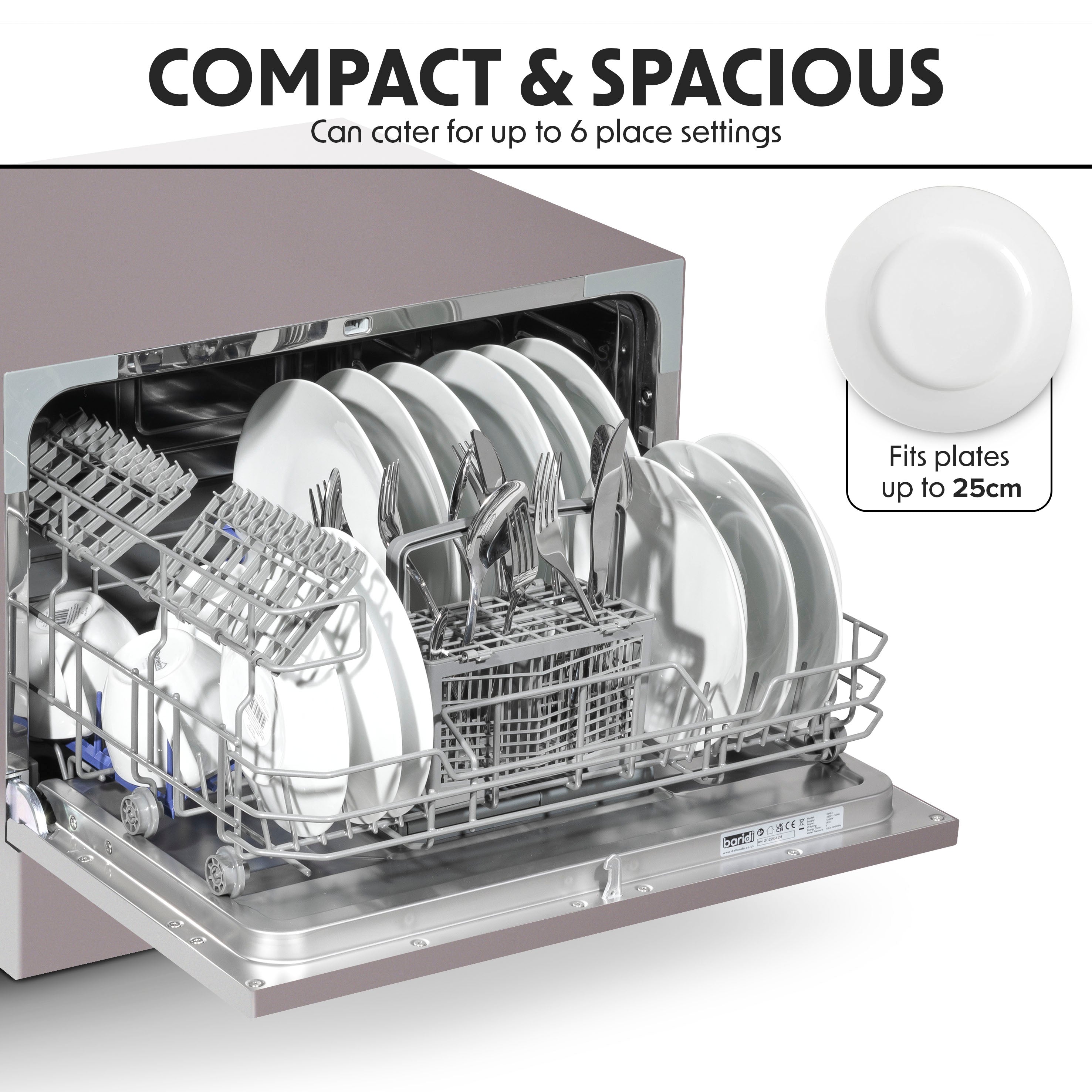 Baridi Compact Tabletop Dishwasher - 6 Place Settings, 6 Wash Programs, Ultra Quiet (42dB), 6.5L Capacity in Sleek Silver (Model DH84) | Perfect for Small Kitchens, Apartments, Dorms & RVs