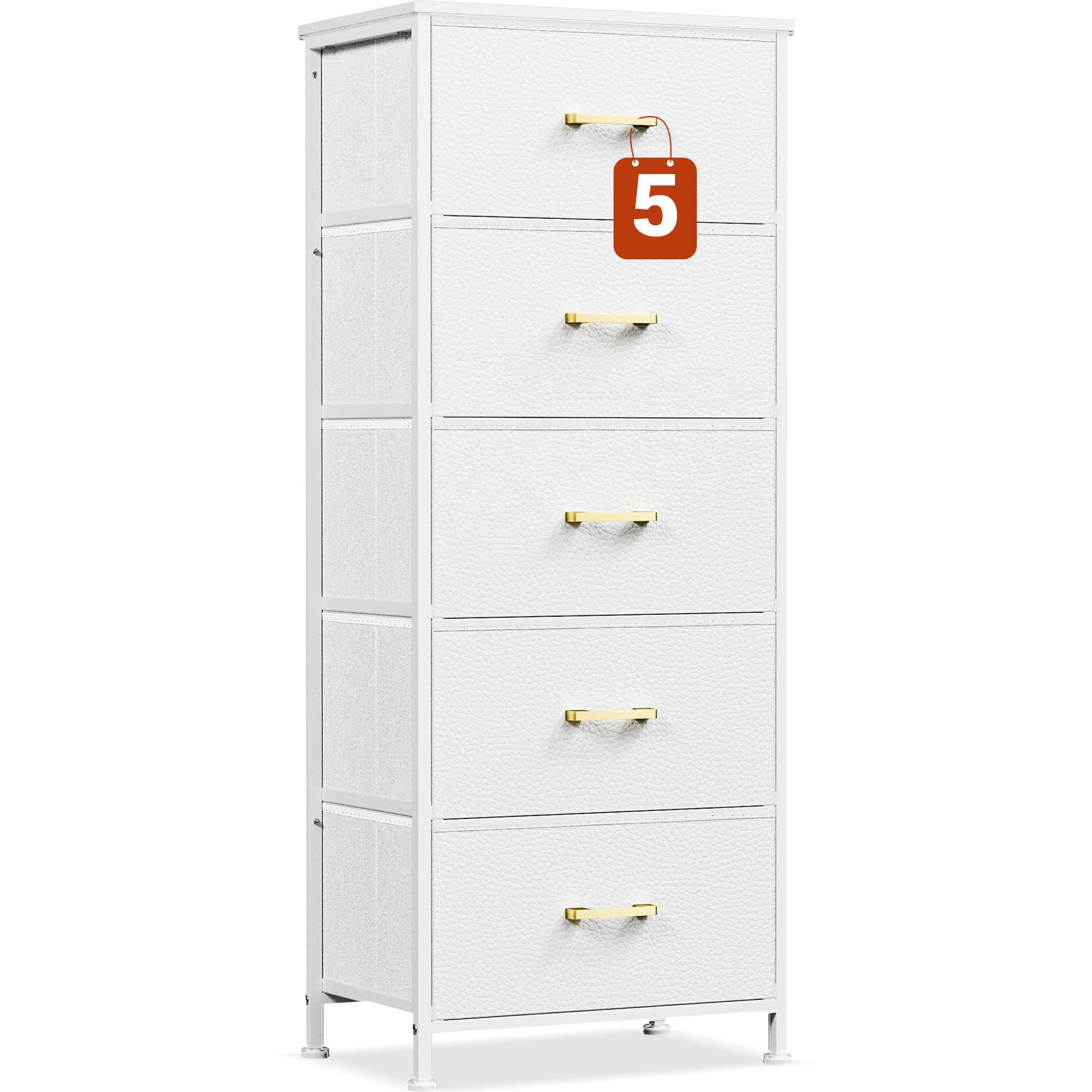 White 5-Drawer Tall Dresser for Bedroom & Closet - Wood Top with Leather Front & Metal Handles - Modern Chest of Drawers for Living Room, Nursery, Home Office Storage | Space-Saving Organizer for Clothes, Toys & Essentials