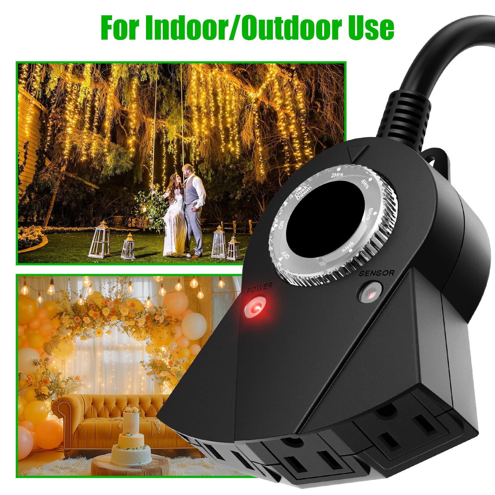 Outdoor Light Sensor Timer - 24 Hour Heavy Duty Waterproof Electrical Outlet Timer with 2/4/6/8 Hour Countdown Mode, 3 Grounded Outlets for Garden, Backyard & Home Use (2 Pack) - Perfect for Landscape Lighting, Holiday Decorations & Automatic Irrigation Systems