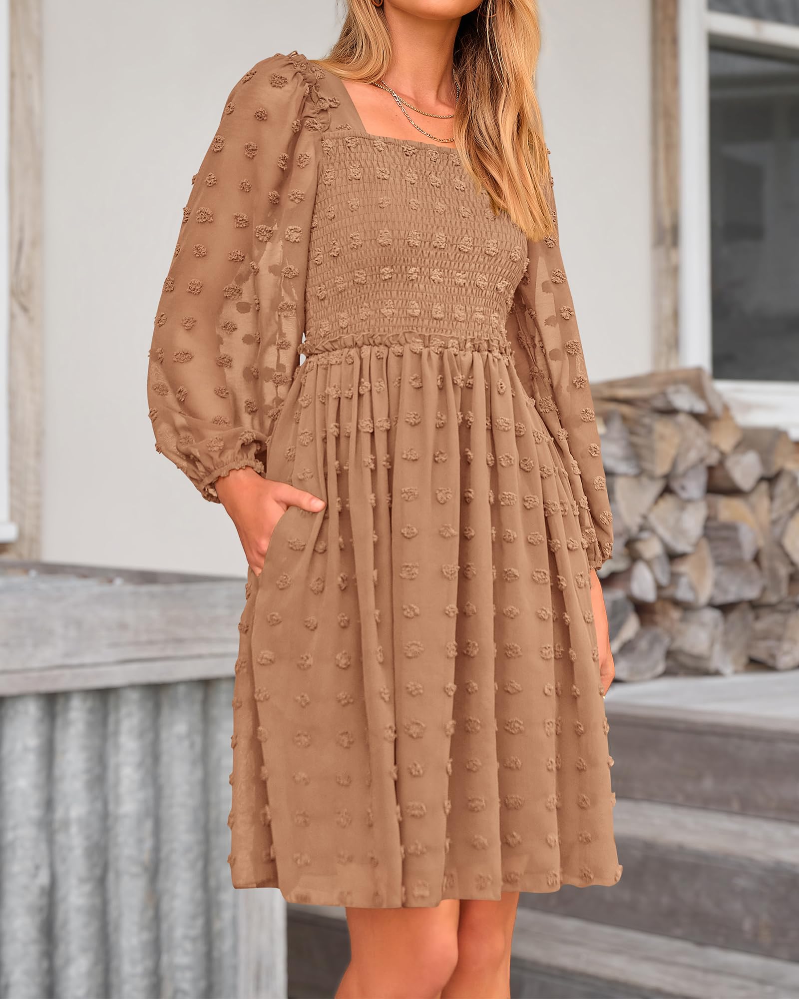 BTFBM Women's Floral Swiss Dot Smocked Mini Dress - Square Neck Long Sleeve Boho Wedding Guest Dress for Spring & Summer 2025 | Perfect for Garden Parties, Bridal Showers & Date Nights