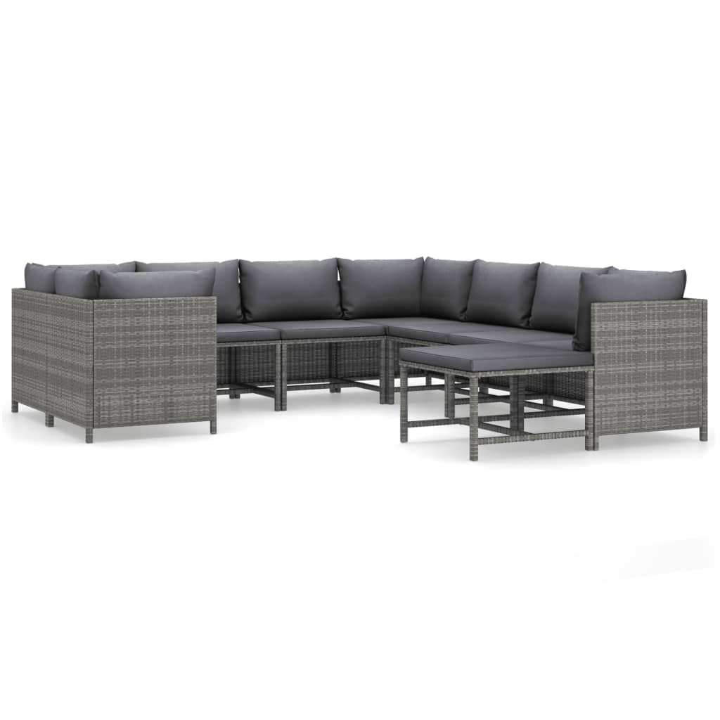 9-Piece vidaXL Patio Lounge Set - Modern Farmhouse Outdoor Sectional Sofa with Cushions & Footstool, Gray Poly Rattan Furniture for Backyard, Deck, or Poolside Relaxation