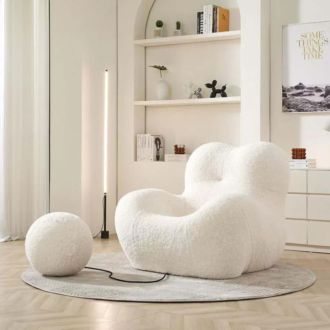 White Boucle Creative Armchair - Modern Lazy Sofa Single Chair with Embrace Style - Perfect for Living Room, Bedroom or Office Lounge Chair