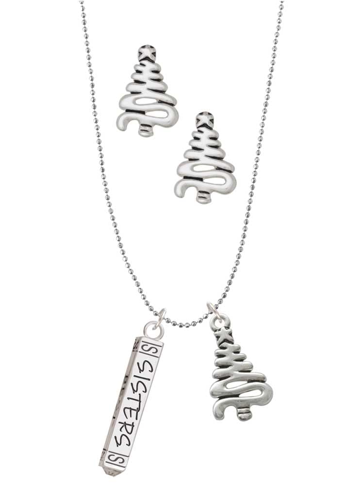 Delight Jewelry Best Friends Forever Bar Necklace & Stud Earrings Set - Silver Tone Zig Zag Christmas Tree Charm Jewelry for Women | Gift for Sisters, BFFs, Christmas, Holidays & Special Occasions