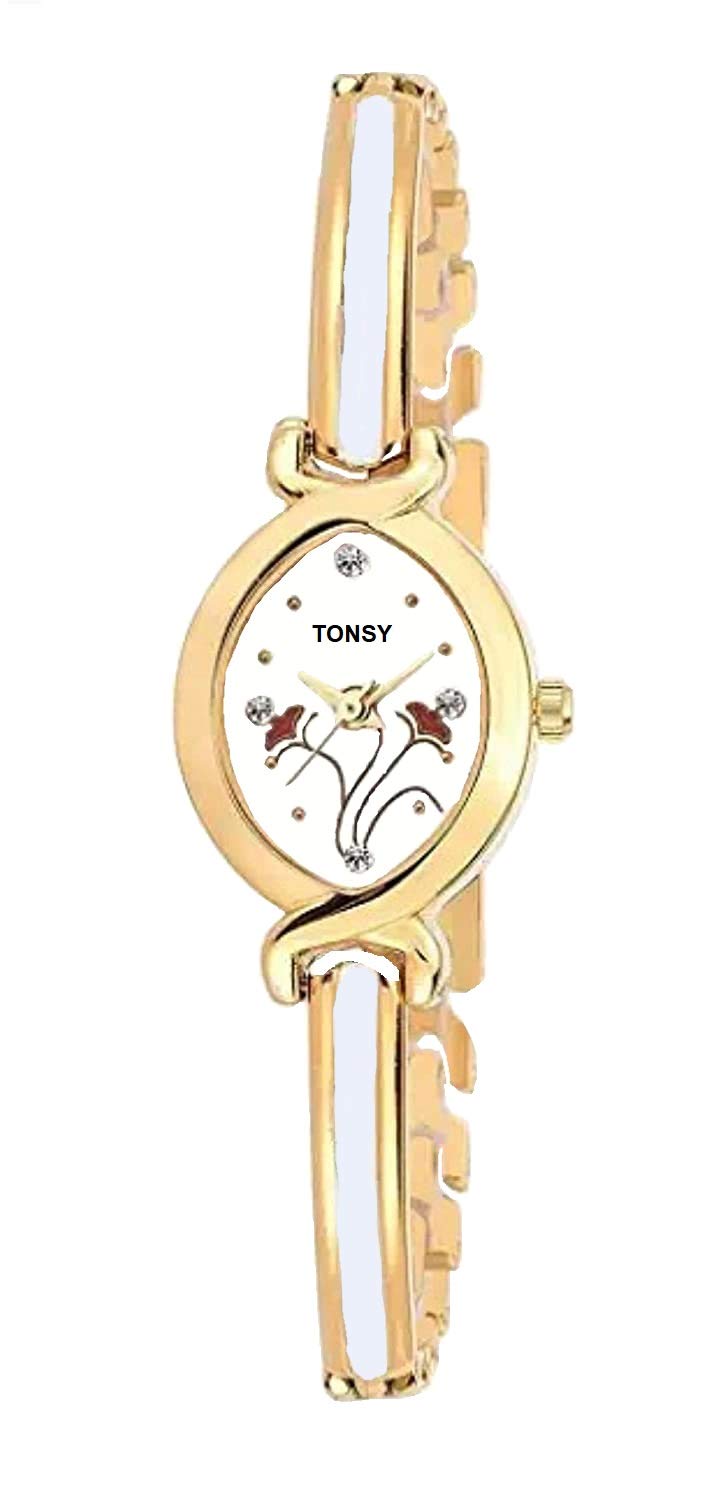 TONSY Women's Analog Watch with White Diamond Dial - Elegant Gold-Tone Gift for Her - Perfect for Formal Events, Anniversaries & Special Occasions