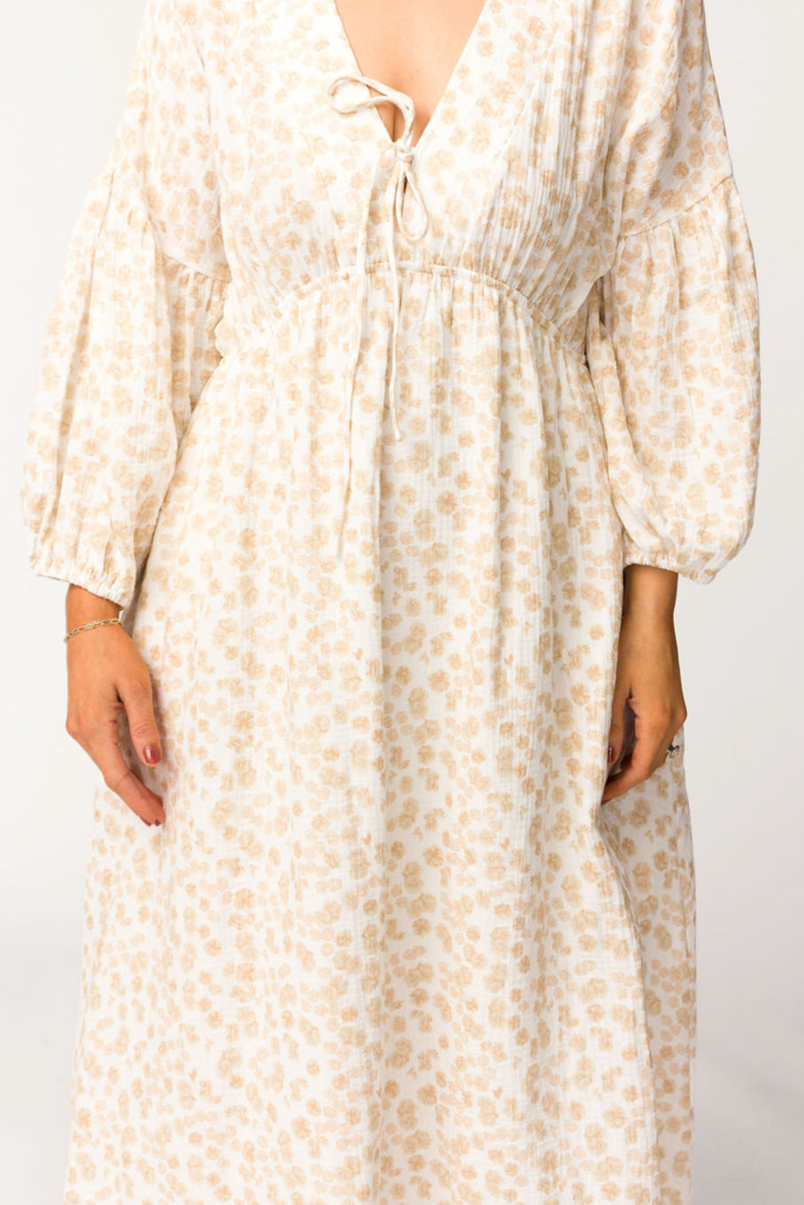 Hunter 100% Cotton Gauze Midi Dress - Natural/Fawn Floral Print | Bump Friendly Maternity Dress | Perfect for Summer, Beach Vacations & Casual Outings