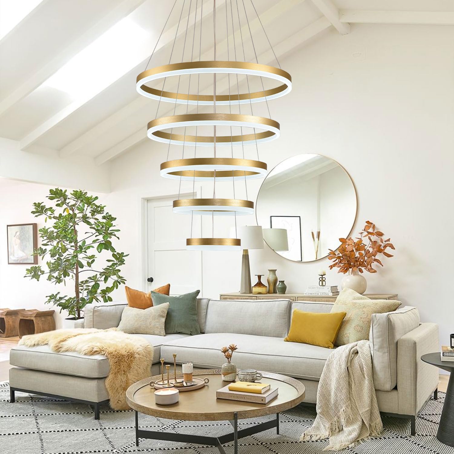 Modern Gold Chandelier 5 Rings Dimmable LED Pendant Light - Adjustable Height Ceiling Fixture for Dining Room, Kitchen, Living Room & Bedroom | Elegant Lighting for Home Decor & Special Occasions