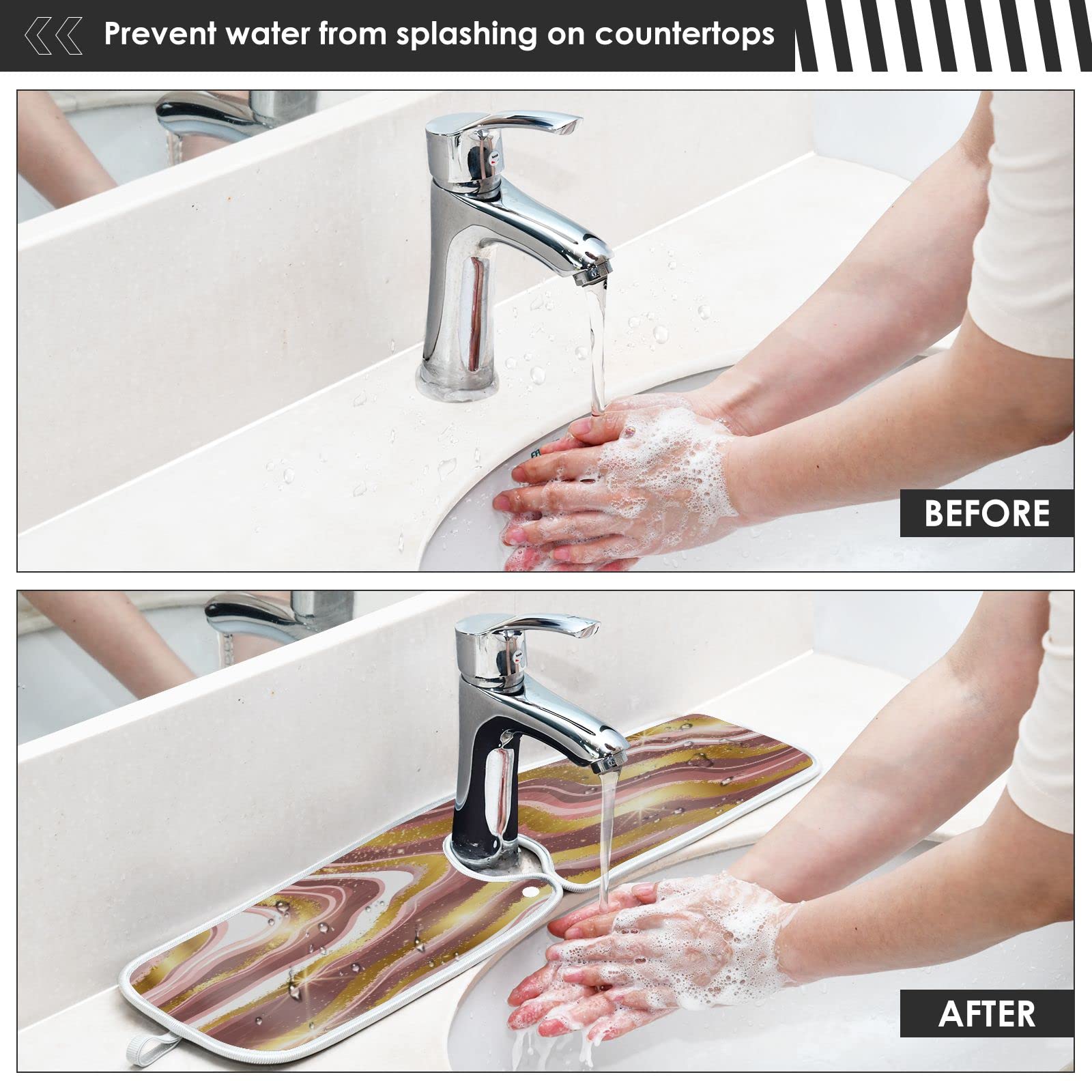 2-Pack Gold Pink Marble Sink Splash Guard - Absorbent Faucet Drip Catcher with Glitter Design - Quick-Drying Kitchen & Bathroom Counter Mat for RV, Home, and Office Use