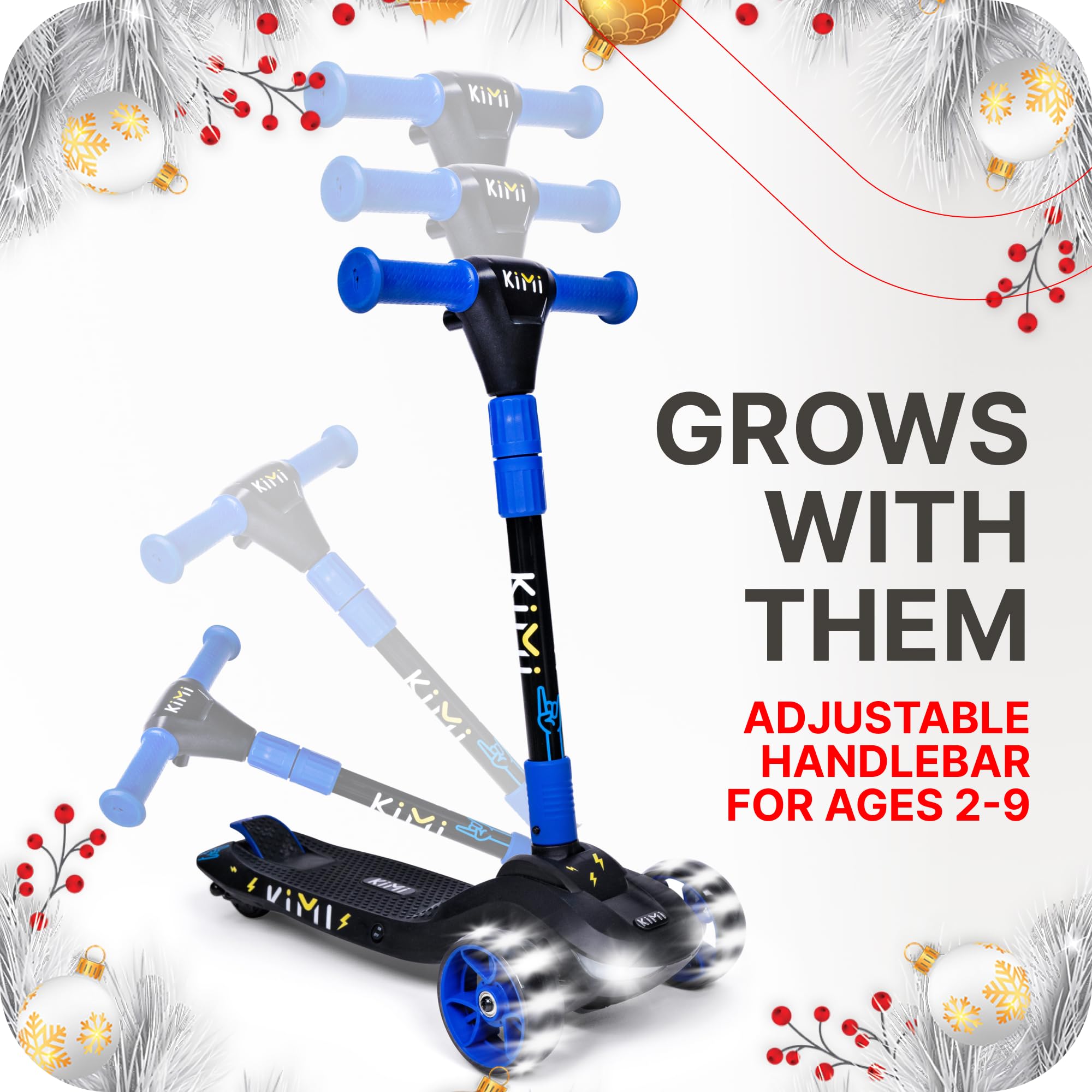 Kimi 3 Wheel Electric Scooter for Kids Ages 2-9 - Safe LED Light Up Wheels & Front Light, Foldable E-Scooter with 10 Mile Range - Perfect for Boys & Girls Outdoor Play, Commuting to School, and Neighborhood Rides