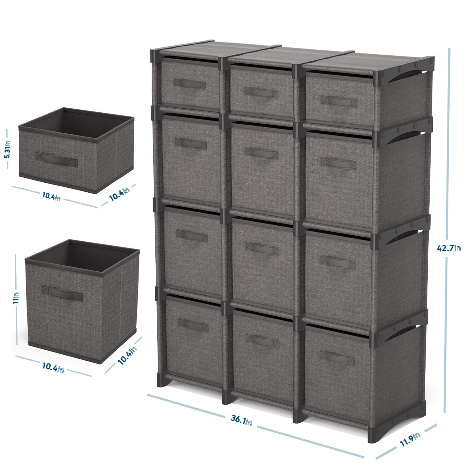 12-Cube Storage Organizer - Gray Modular Shelving Unit with Fabric Bins | DIY Closet, Bedroom & Office Organization | Space-Saving Solution for Toys, Books & Home Decor | Perfect for Playrooms, Dorms & Small Spaces