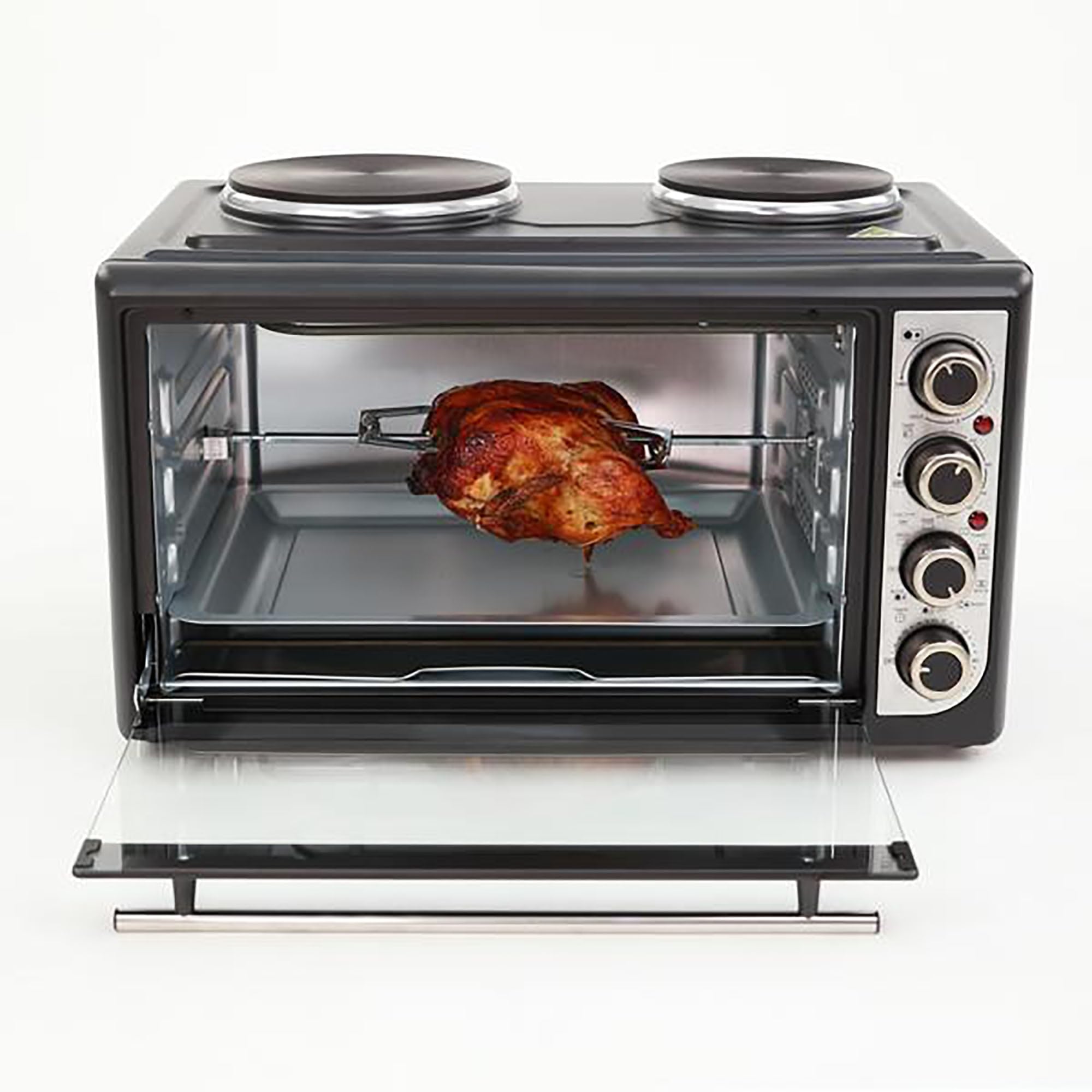 Avanti Portable Convection Oven with Rotisserie & Dual Burner Cooktop - 1.4 Cu.Ft Countertop Oven with 60-Min Timer, Auto Shut-Off - Perfect for Small Kitchens, Camping & Outdoor Cooking (Black)