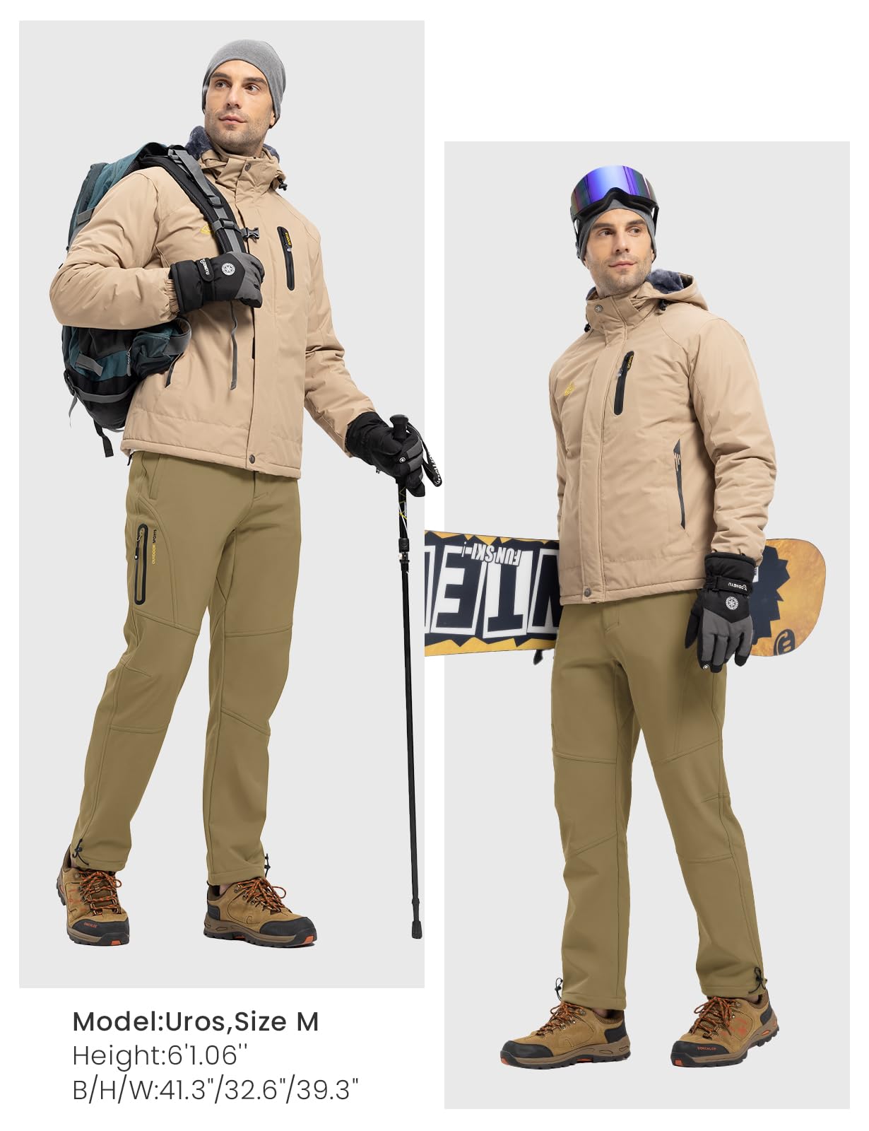 Rdruko Men's Waterproof Insulated Snow Pants - Winter Hiking, Snowboarding & Skiing Fleece-Lined Softshell Pants for Cold Weather Outdoor Activities