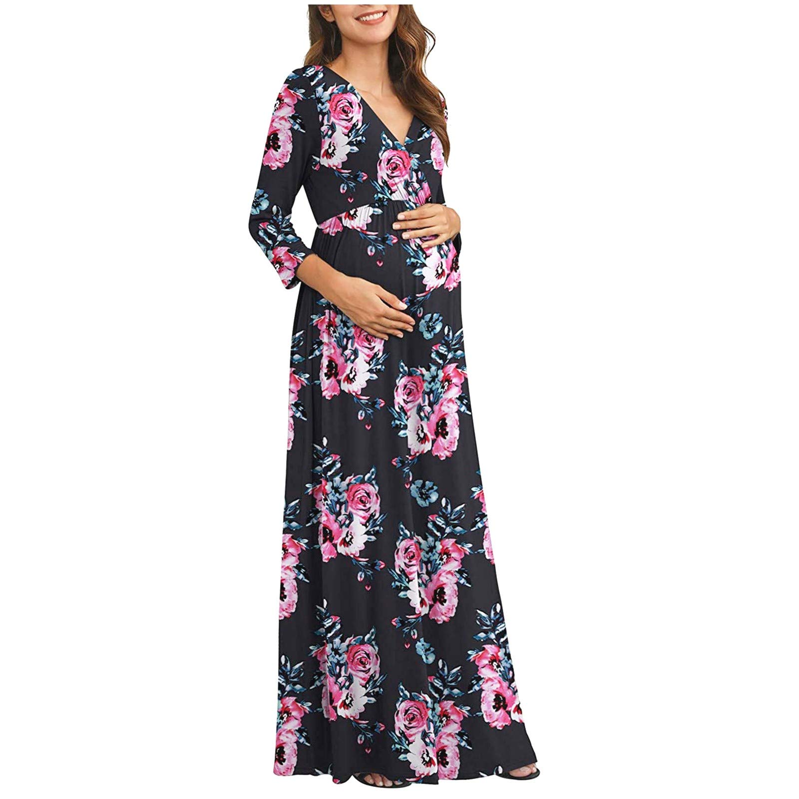 Yowein 3/4 Sleeve Ruched Maternity Dress with Waist Belt - Wrap Maxi Dress for Baby Showers, Casual Wear & Special Occasions - Perfect for Pregnancy Photos, Bridal Showers & Everyday Comfort