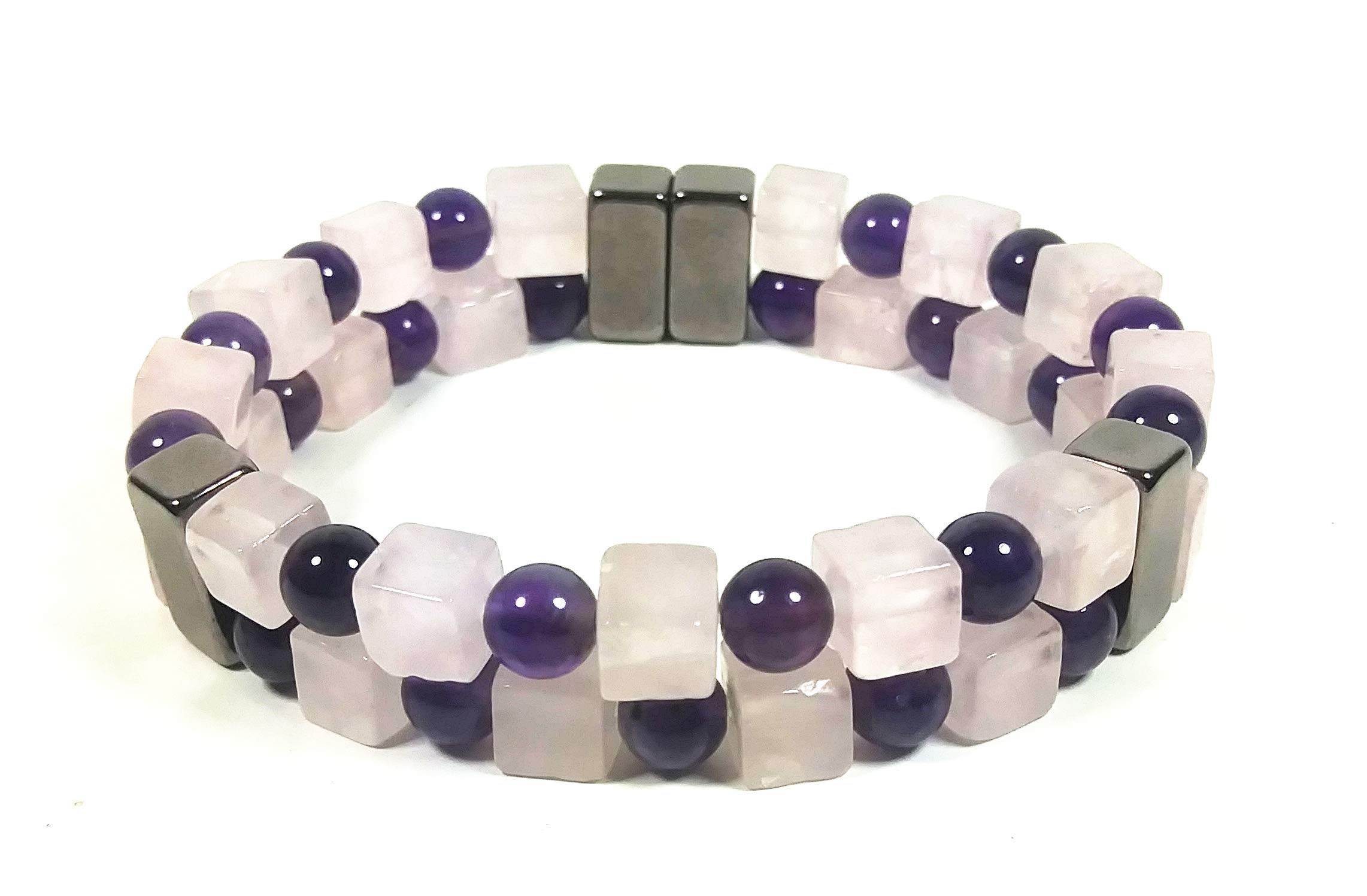 Amethyst & Rose Quartz Healing Bracelet for Men & Women - Double Magnet Therapy Clasp for Arthritis & Joint Pain Relief - Good Luck & Confidence Booster - Perfect for Meditation, Yoga & Daily Wear