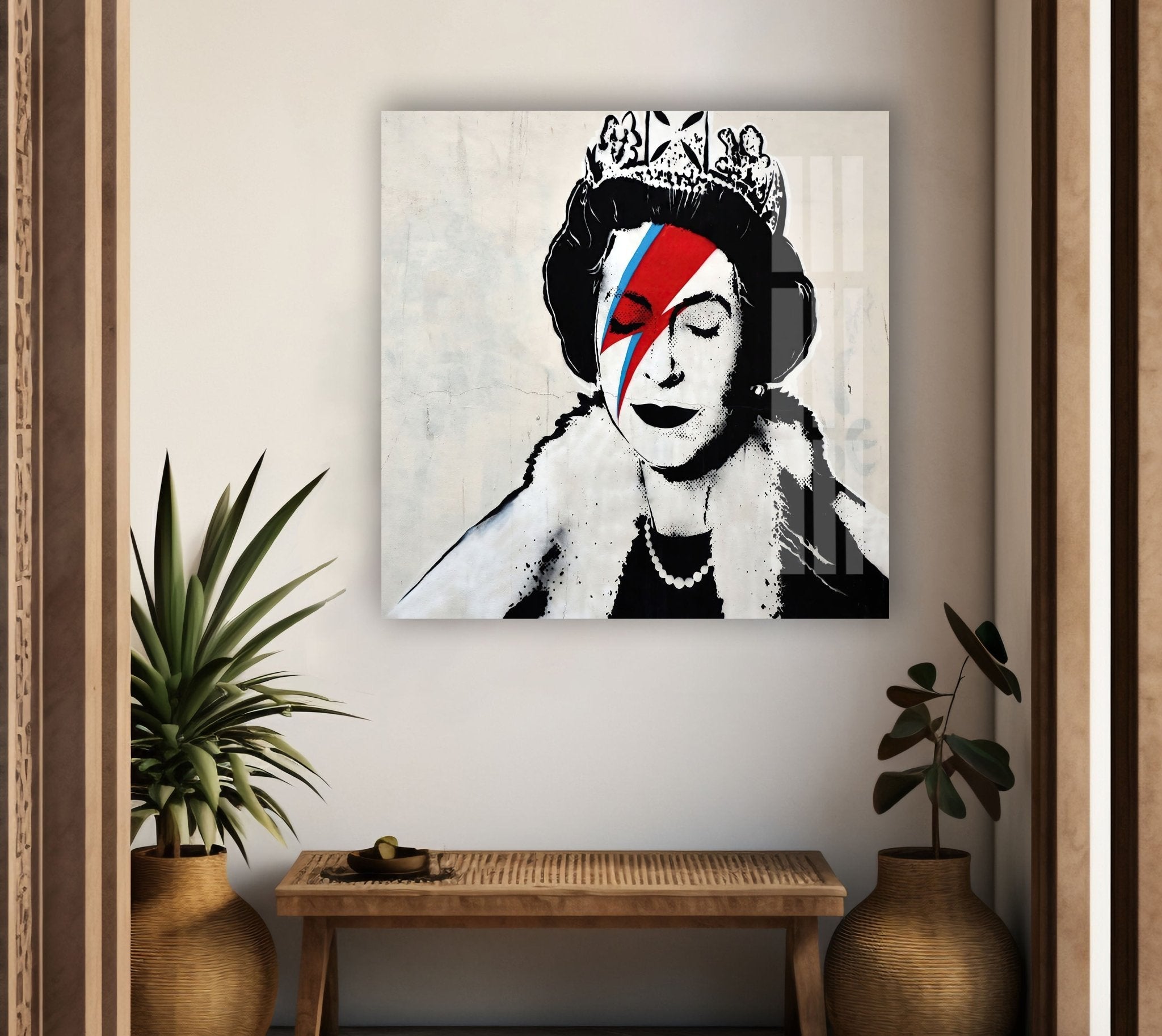 Banksy Queen Elizabeth Glass Wall Art - Modern Home Decor for Living Room, Office & Gifts | Unique Street Art-Inspired Glass Print