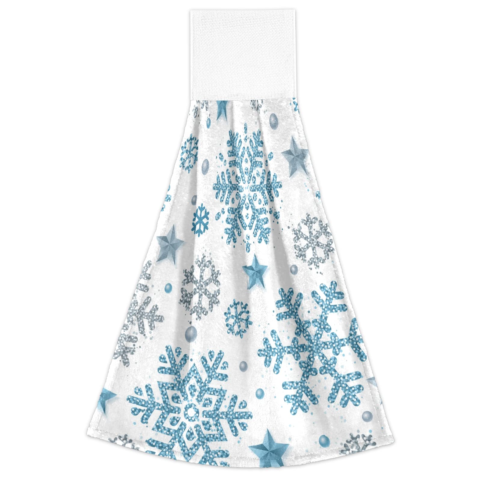 Christmas Silver & Blue Glitter Snowflake Star Hanging Kitchen Towels - 2 Pack Soft Absorbent Fast-Drying Hand & Dish Towels with Hook & Loop for Holiday Decor, Bathroom & Kitchen Cleaning