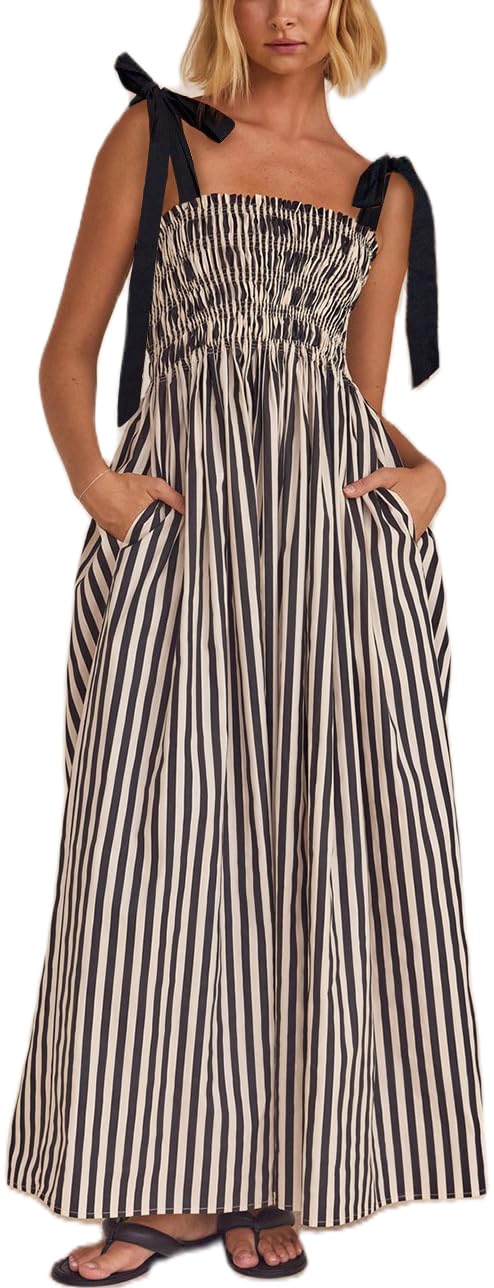 2025 Women's Boho Flowy Summer Maxi Dress - Smocked Tiered Beach Dress with Strap Tie Off Shoulder, Long Sundress for Vacation, Party & Casual Wear