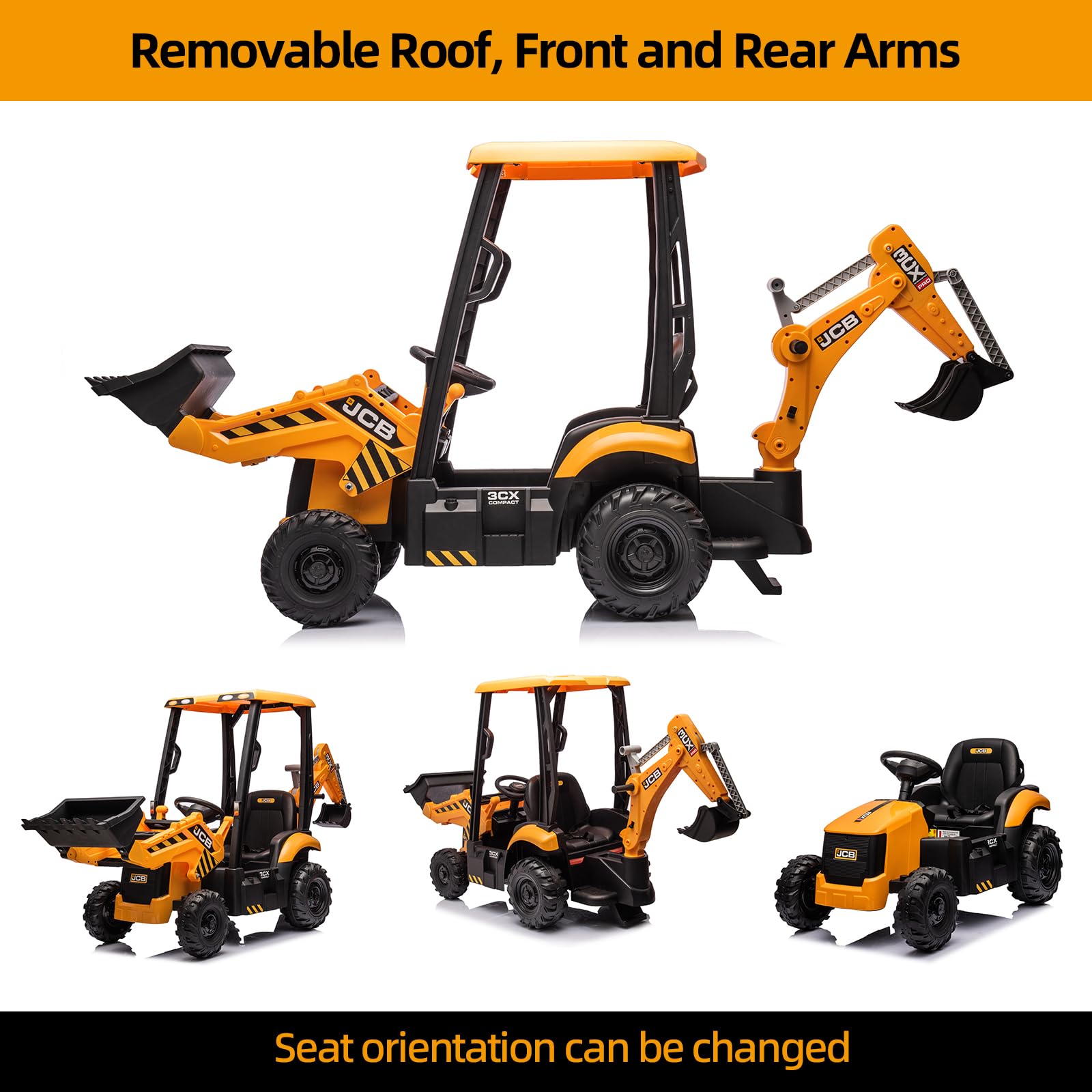 **12V JCB Ride-On Excavator Toy for Kids Ages 4-8 – Electric Construction Vehicle with Tractor, Bulldozer, Digging Arm & Backhoe – Slow Start/Stop & Adjustable Speeds (Yellow with Roof) – Perfect for Outdoor Play, Birthday Gifts & Pretend Construction Fun**