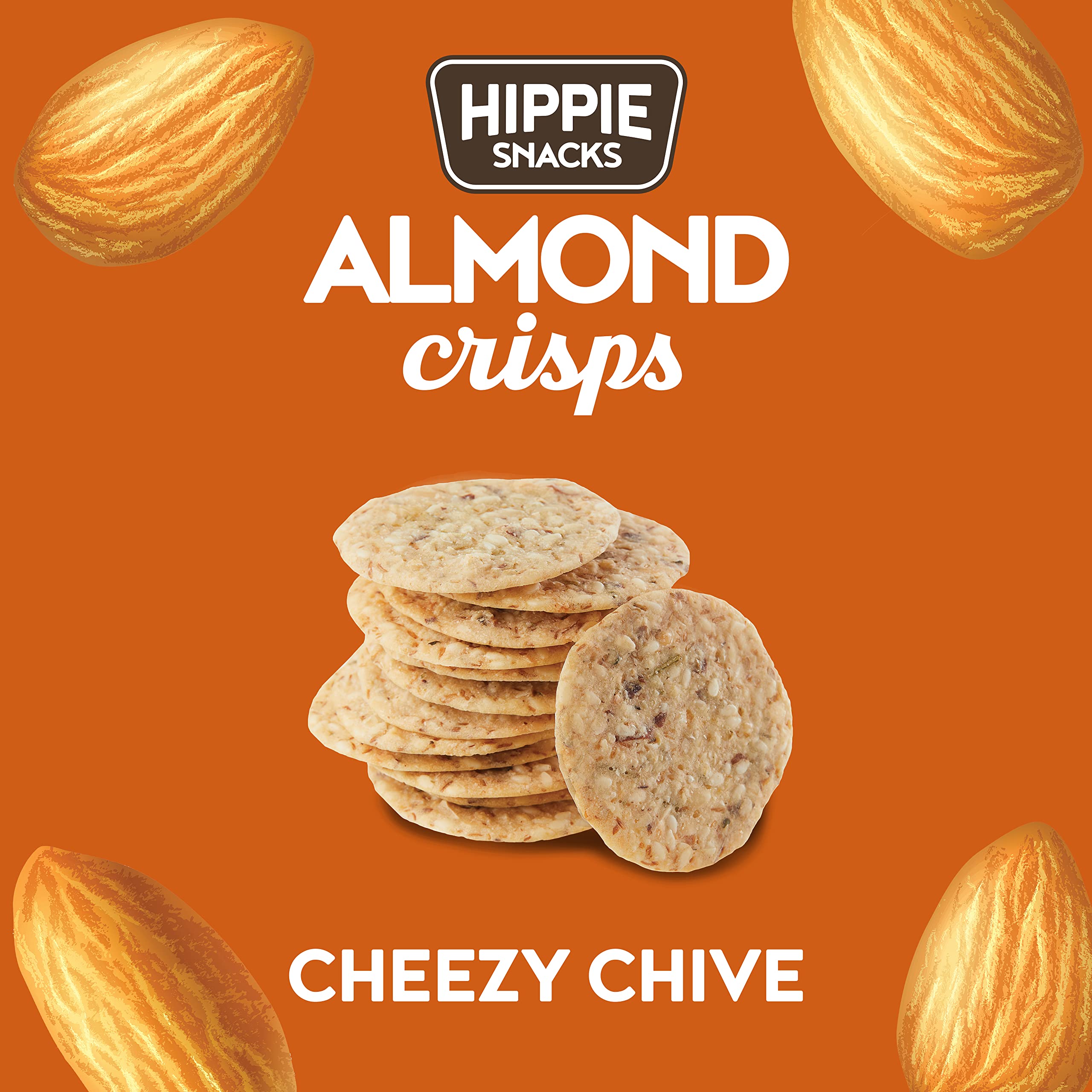 HIPPIE SNACKS CHEEZY CHIVE ALMOND CRISPS - Plant-Based, High Protein, Gluten Free Vegan Snacks - Keto Friendly Crackers for Charcuterie Boards, Parties & Healthy On-The-Go Snacking - 70g (Pack of 4)
