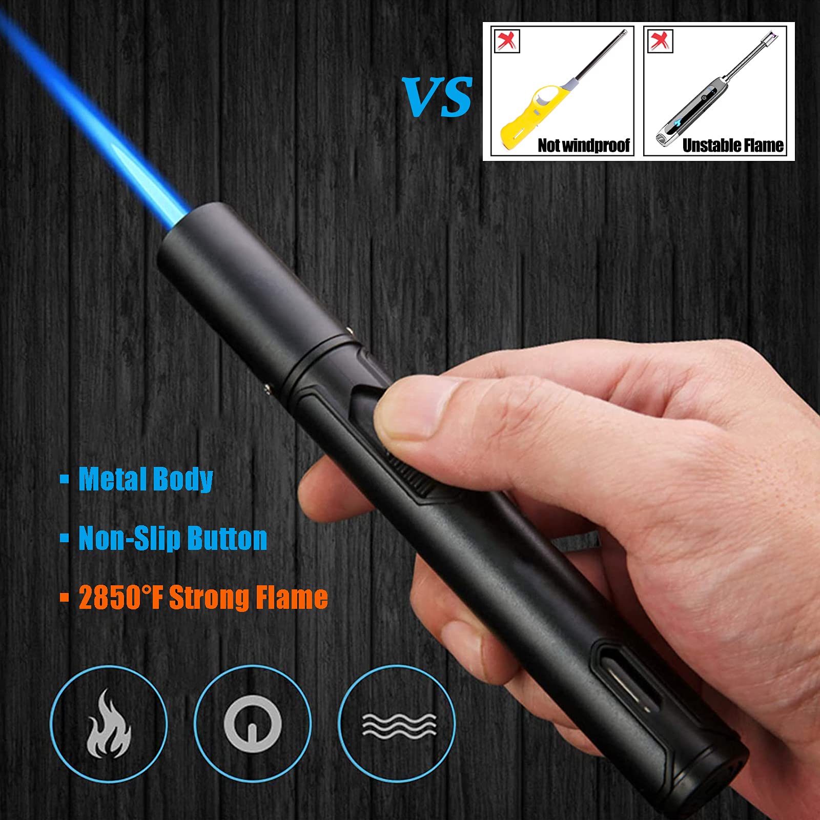 Anrapley Butane Torch Lighter - 6.0 Inch Windproof Adjustable Jet Flame Lighter with Fuel Window for Candle Lighting, Fireplace, BBQ, Kitchen, Camping & Outdoor Use - Perfect Gift for Dad (Black, Gas Not Included)