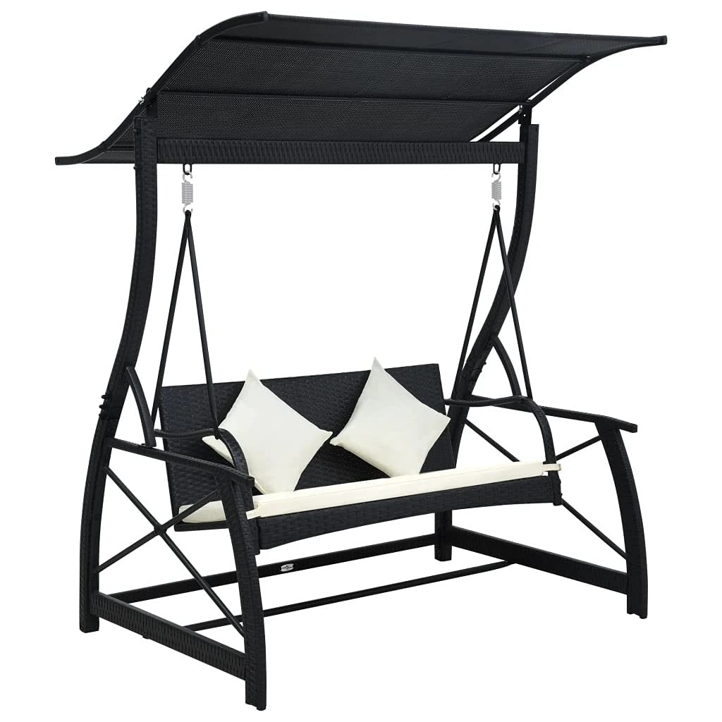 LCSA 3-Seater Outdoor Swing Bench with Canopy - Weather-Resistant Poly Rattan Patio Furniture in Black - Perfect for Garden, Backyard, and Poolside Relaxation