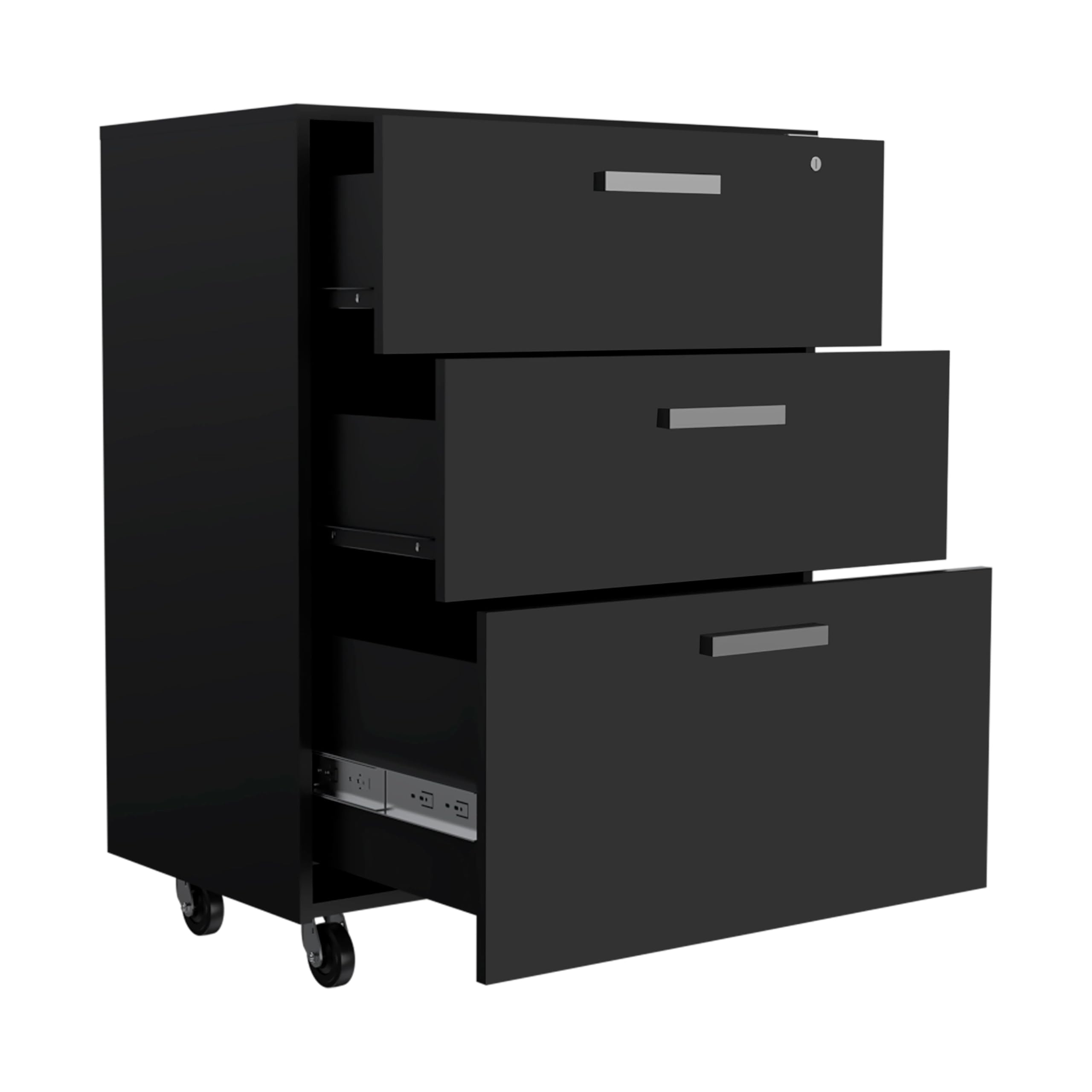 Tuhome Black Storage Base Cabinet with 3 Drawers, Casters, Mobile & Soft Close - Full Extension for Kitchen, Bathroom or Office Organization