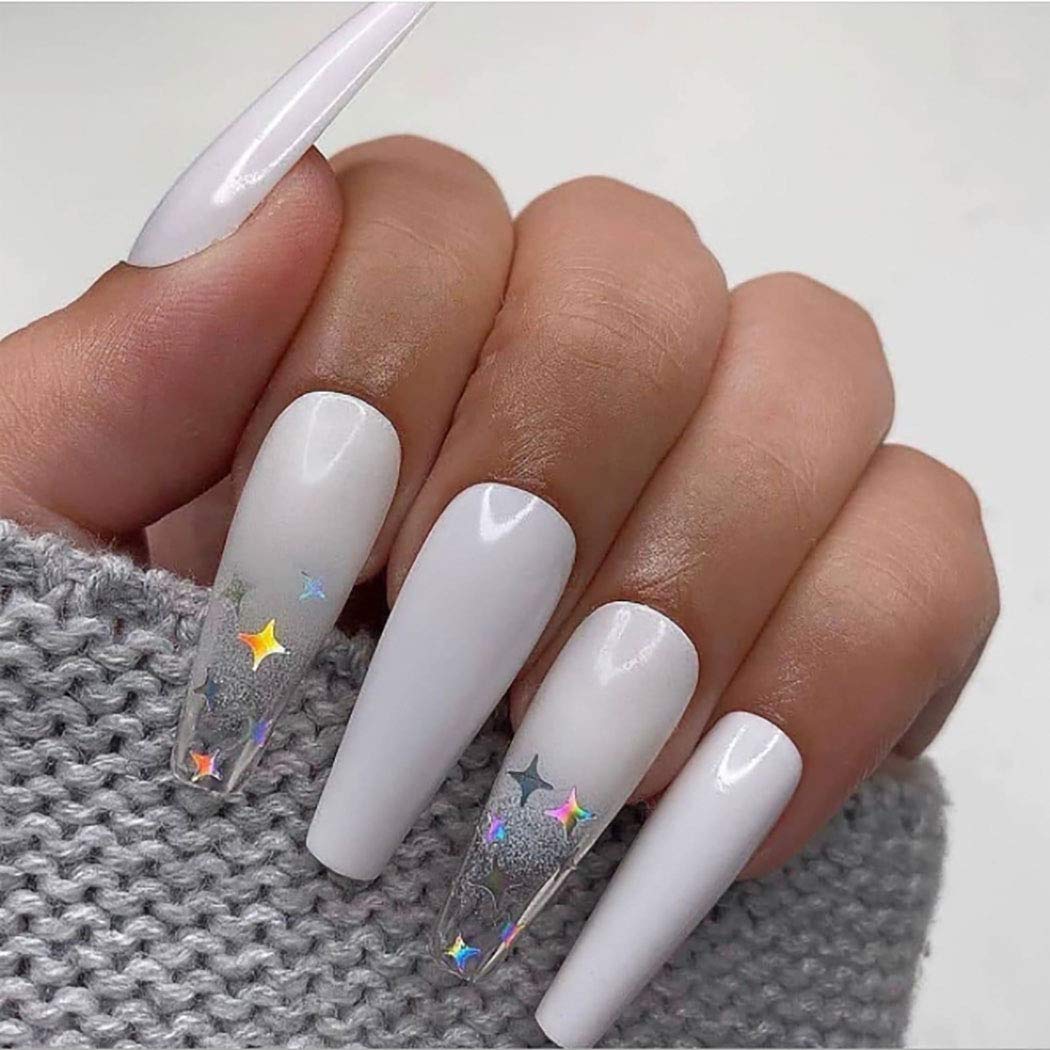 Gangel Coffin False Nails - 24Pcs Sparkle Star Acrylic Press on Nails, Long Ballerina Full Cover Fake Nails in Pure White | Perfect for Christmas Parties, Weddings, and Special Occasions | Gifts for Women and Girls