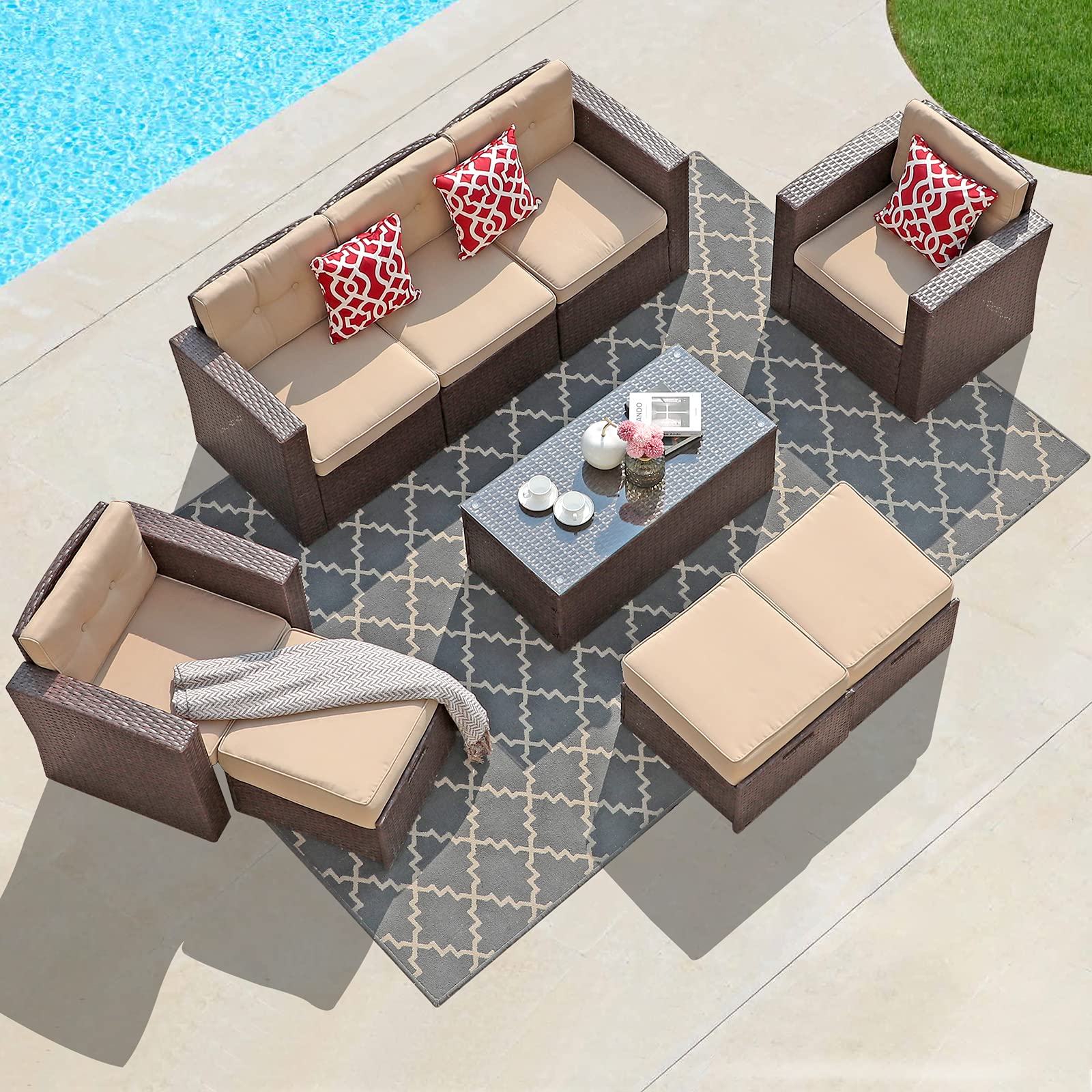 Super Patio 9-Piece All-Weather Outdoor Furniture Set - PE Wicker Sectional Sofa with Ottoman, Tempered Glass Coffee Table & Red Pillows (Espresso Brown) - Perfect for Backyard, Garden, Poolside or Patio Relaxation