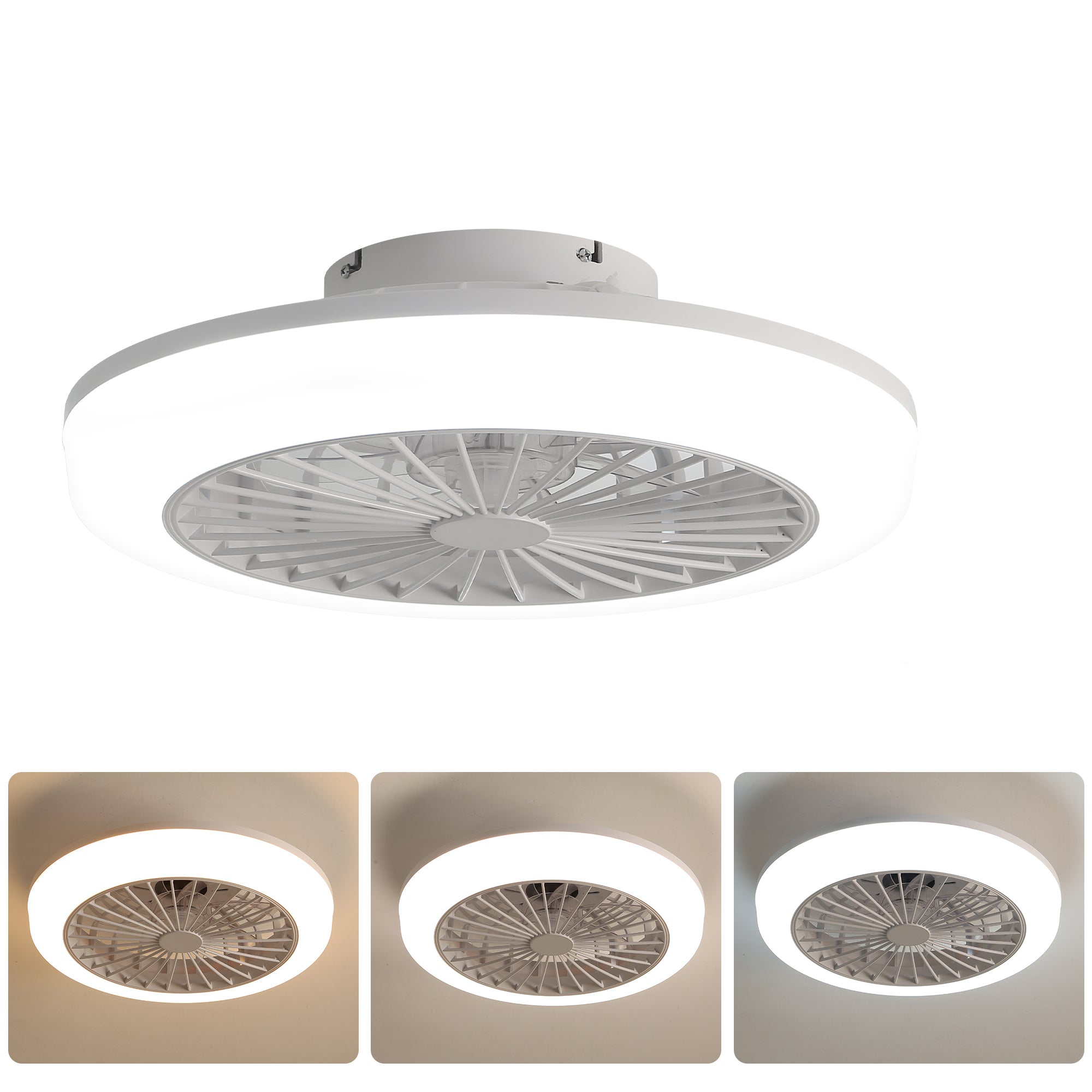 18 Inch Flush Mount Bladeless Ceiling Fan with Light and Remote Control - Modern Low Profile Enclosed Fan for Bedroom, Kitchen, Dining Room - Perfect for Small Spaces and Energy Efficient Cooling