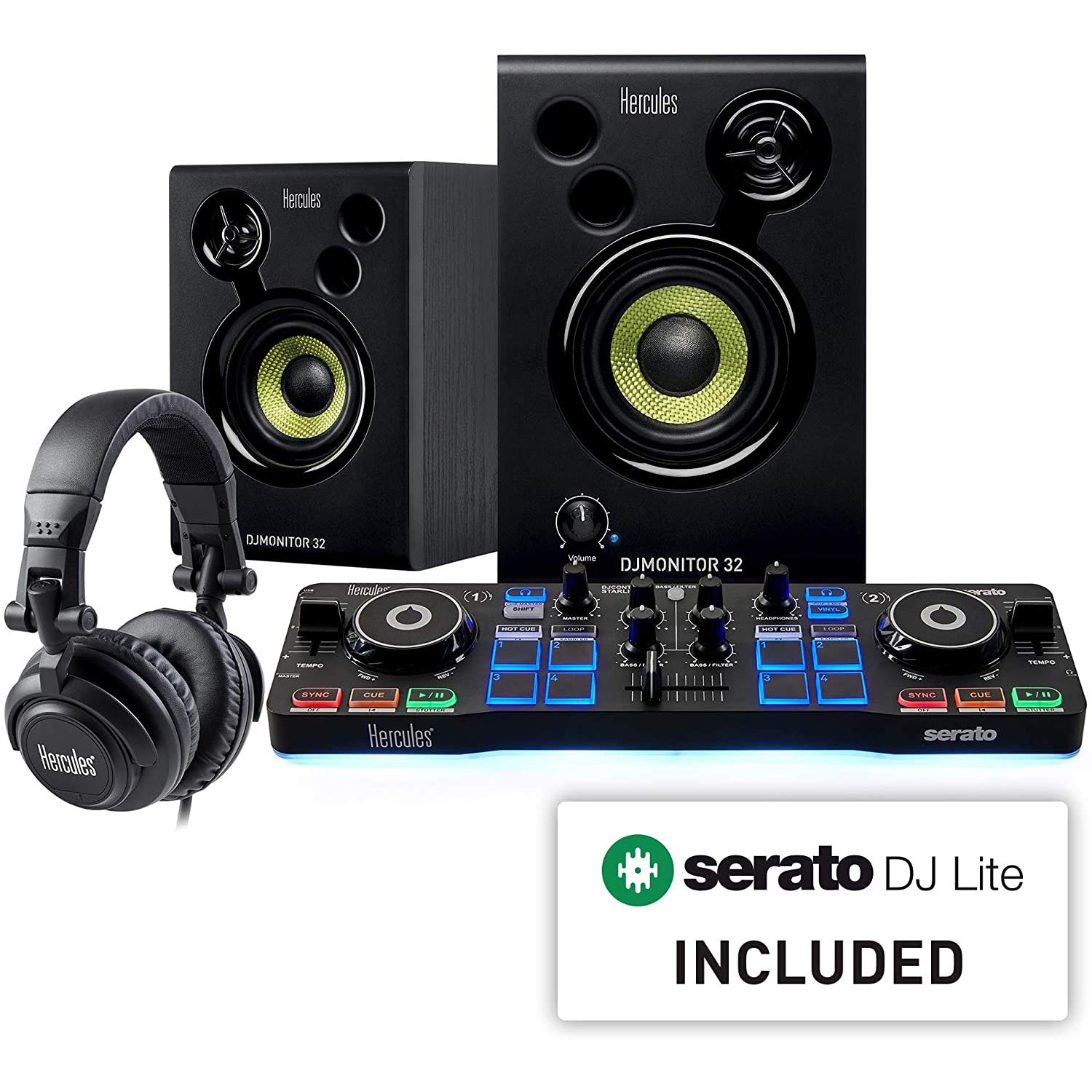 Hercules DJ Starter Kit with DJ Control Starlight Controller, DJMonitor 32 Speakers, HDP DJ M40.1 Professional Headphones & Serato DJ Lite Software - Complete DJ Setup for Beginners with Audio Mixer, Lighting Controller & MIDI Stand - Perfect for Home Studios, Clubs & Live Performances