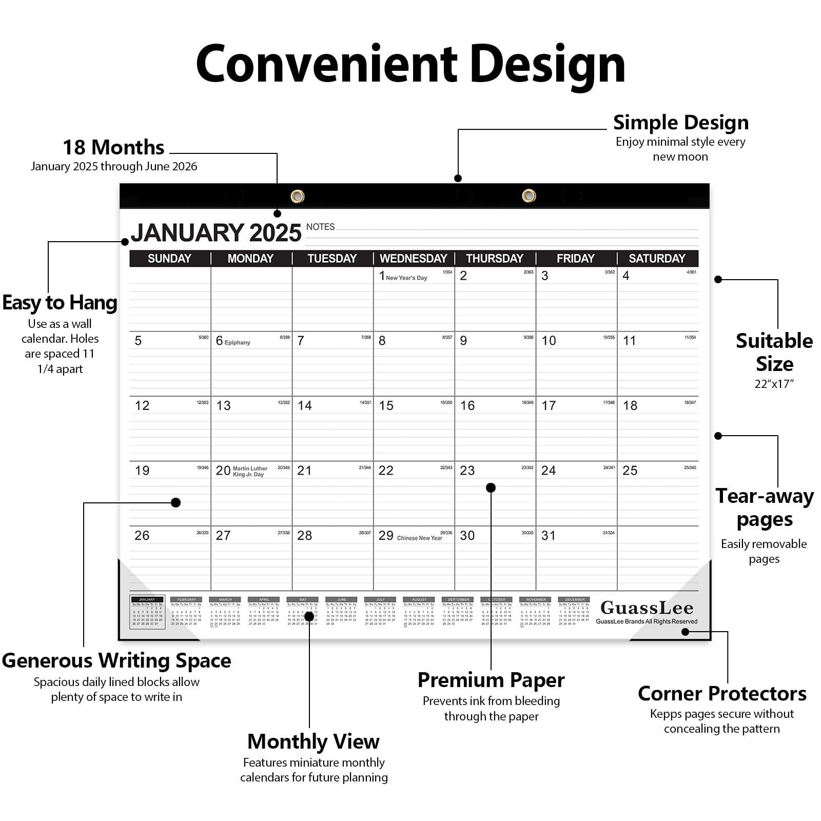 GuassLee 2025-2026 18-Month Large Desk Calendar | Jan 2025 - Jun 2026 | 22x17 Inch Wall/Desktop Planner with Julian Dates, Notes Section & Corner Protectors | Perfect for School, Home & Office Organization
