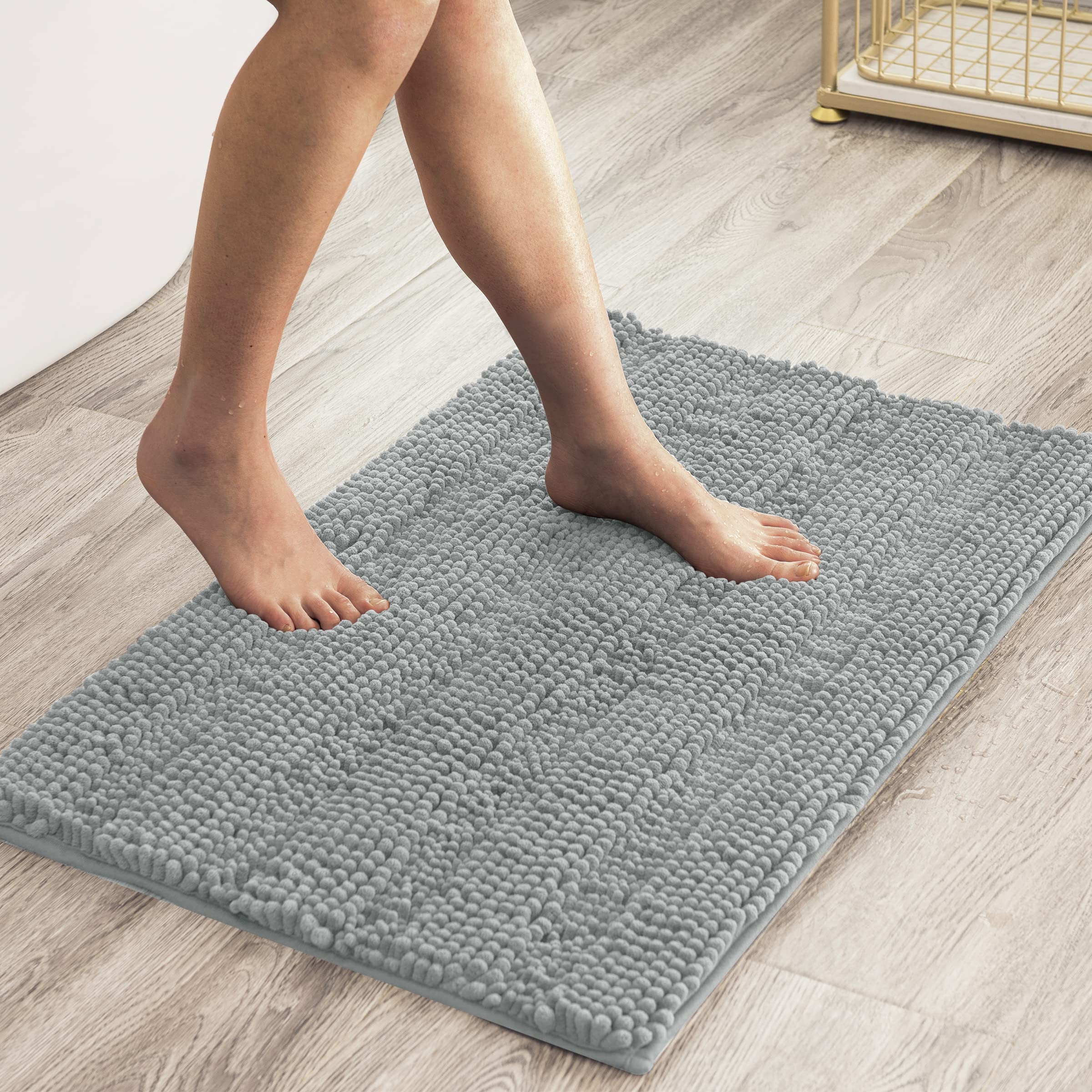 SUBRTEX Soft Striped Plush Bathroom Rug - Absorbent Quick-Drying Machine Washable Bath Mat for Shower & Floor (20x32 Inch, Light Gray) | Non-Slip Cozy Home Decor for Bathroom, Bedroom & Laundry Room