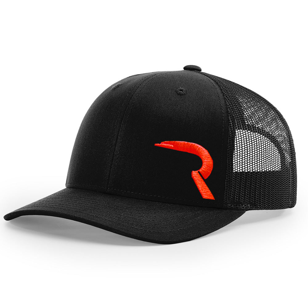 RECON R Trucker Snapback Hat - Black with Red Logo | Adjustable Baseball Cap for Men & Women | Perfect for Outdoor, Sports, and Casual Wear