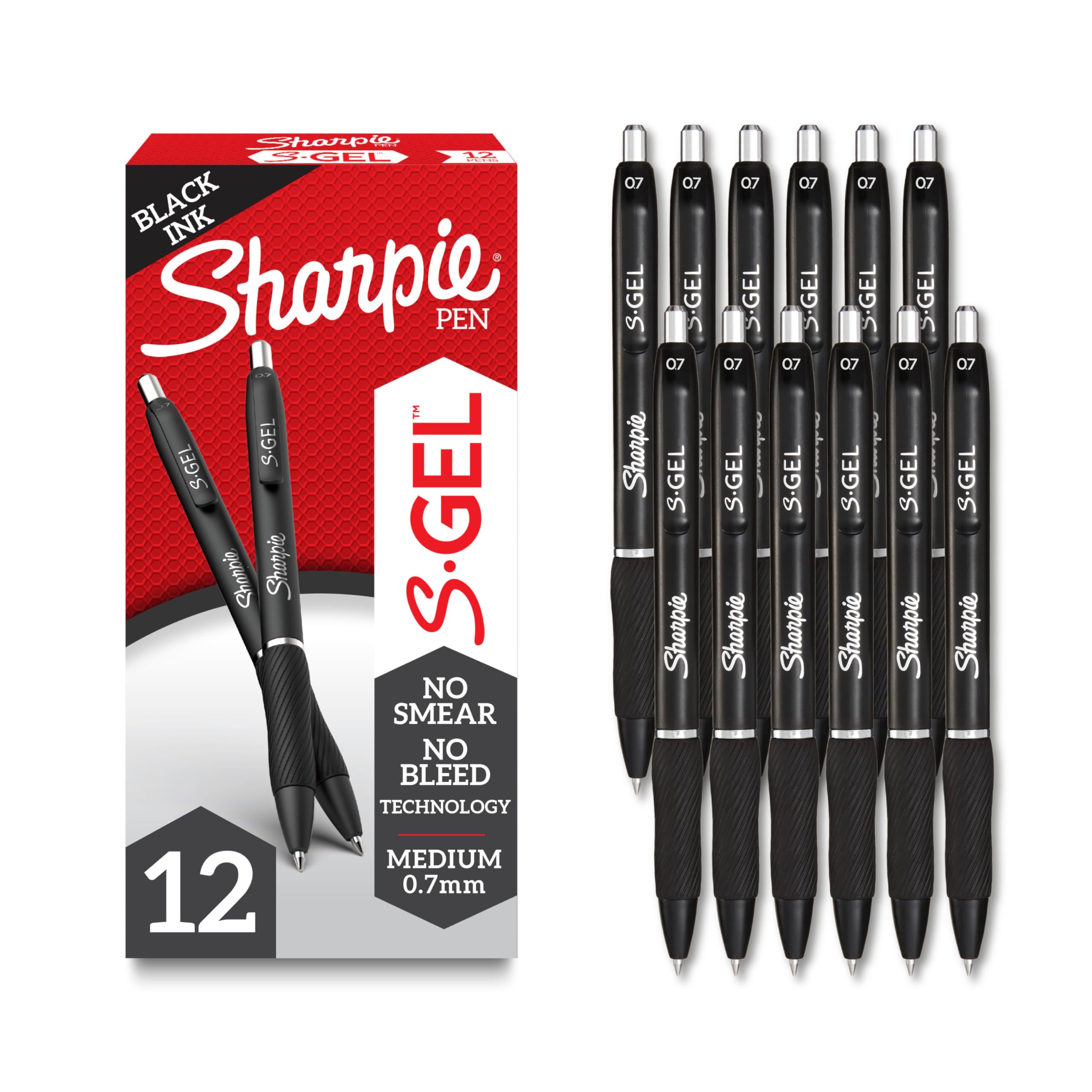 SHARPIE S-Gel Gel Pens - 12 Pack Black Ink 0.7mm Medium Point Pens for Writing, Journaling, Drawing & Coloring - Smooth No-Smear Gel Ink Pens for Office, School, Art Projects & Note Taking
