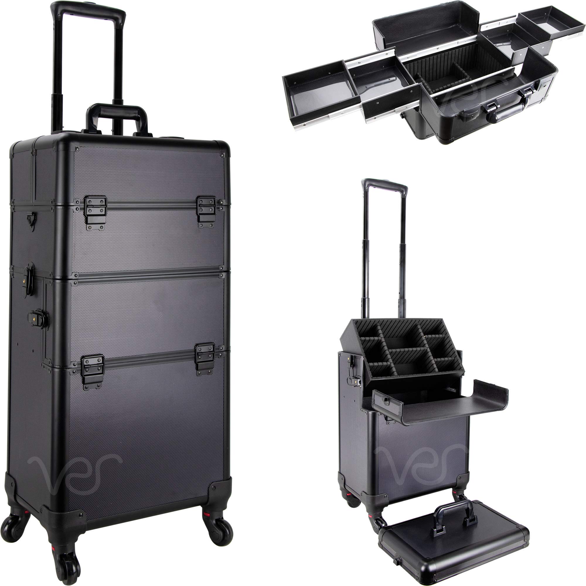 Ver Beauty 3-in-1 Professional Rolling Makeup Case - 4 Removable Wheels, Extendable Trays with Dividers & Mirror - Aluminum Art Craft & Tattoo Organizer for Artists, Salon, Travel & Mobile Beauty Services