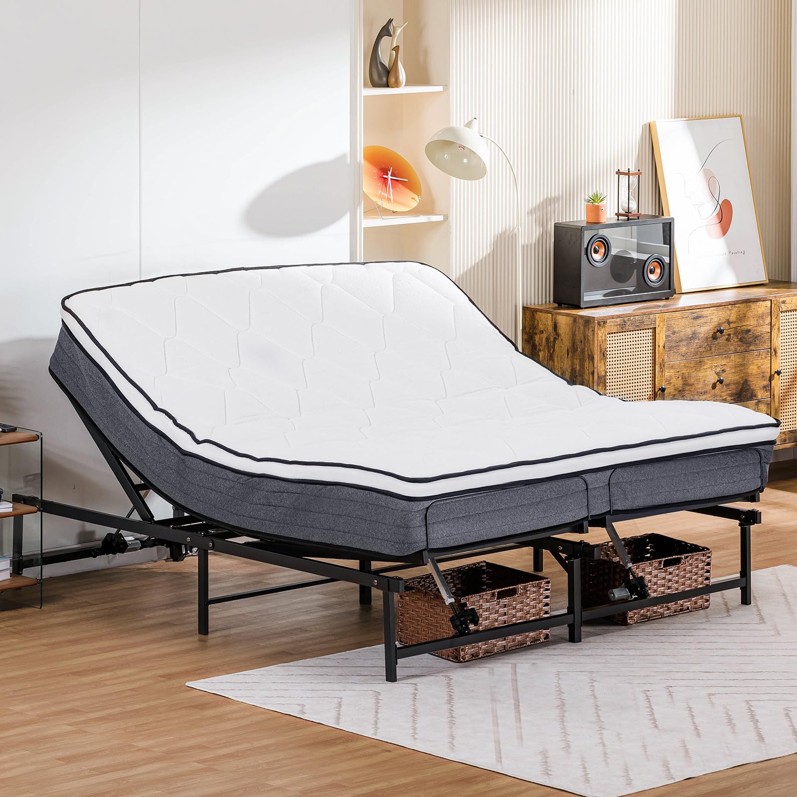 COMHOMA King Size Adjustable Bed Frame with Remote Control - Independent Head & Foot Incline, Mattress Holder - Bed Base Only (73
