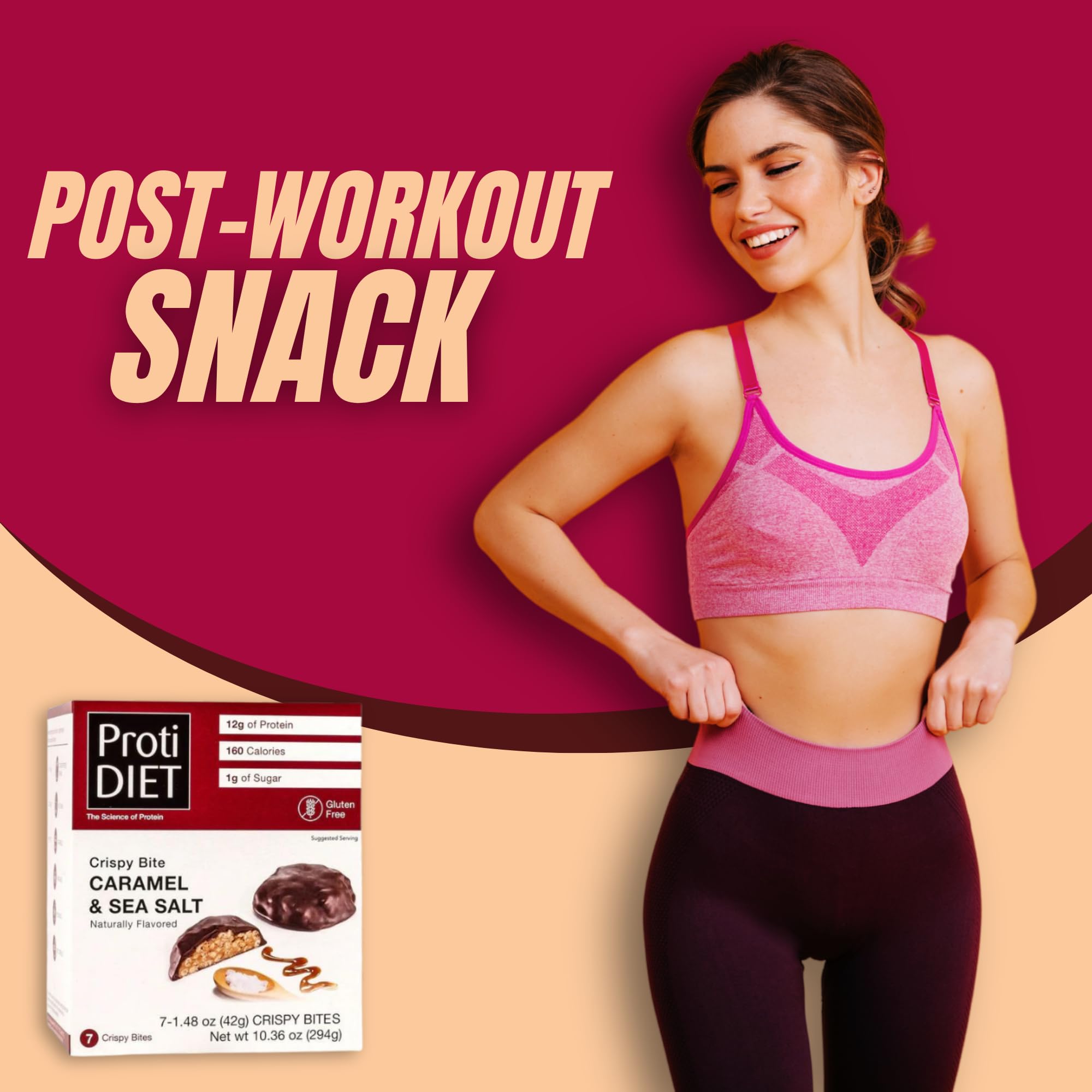 ProtiDIET Caramel & Sea Salt Collagen Protein Crispy Bites - Gluten Free, Low Sugar, No Trans Fat - High Protein Healthy Snacks for Adults with Essential Nutrients - 7 Protein Clusters per Box - Perfect for Work, Gym & Travel