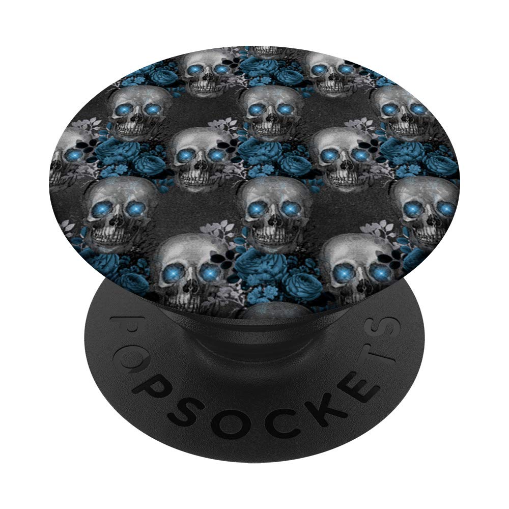 Gothic Grunge PopSockets Grip and Stand - Blue Teal Black Floral Skull Roses Phone & Tablet Accessory for Gothic Lovers, Halloween Decor, Dark Aesthetic Fans