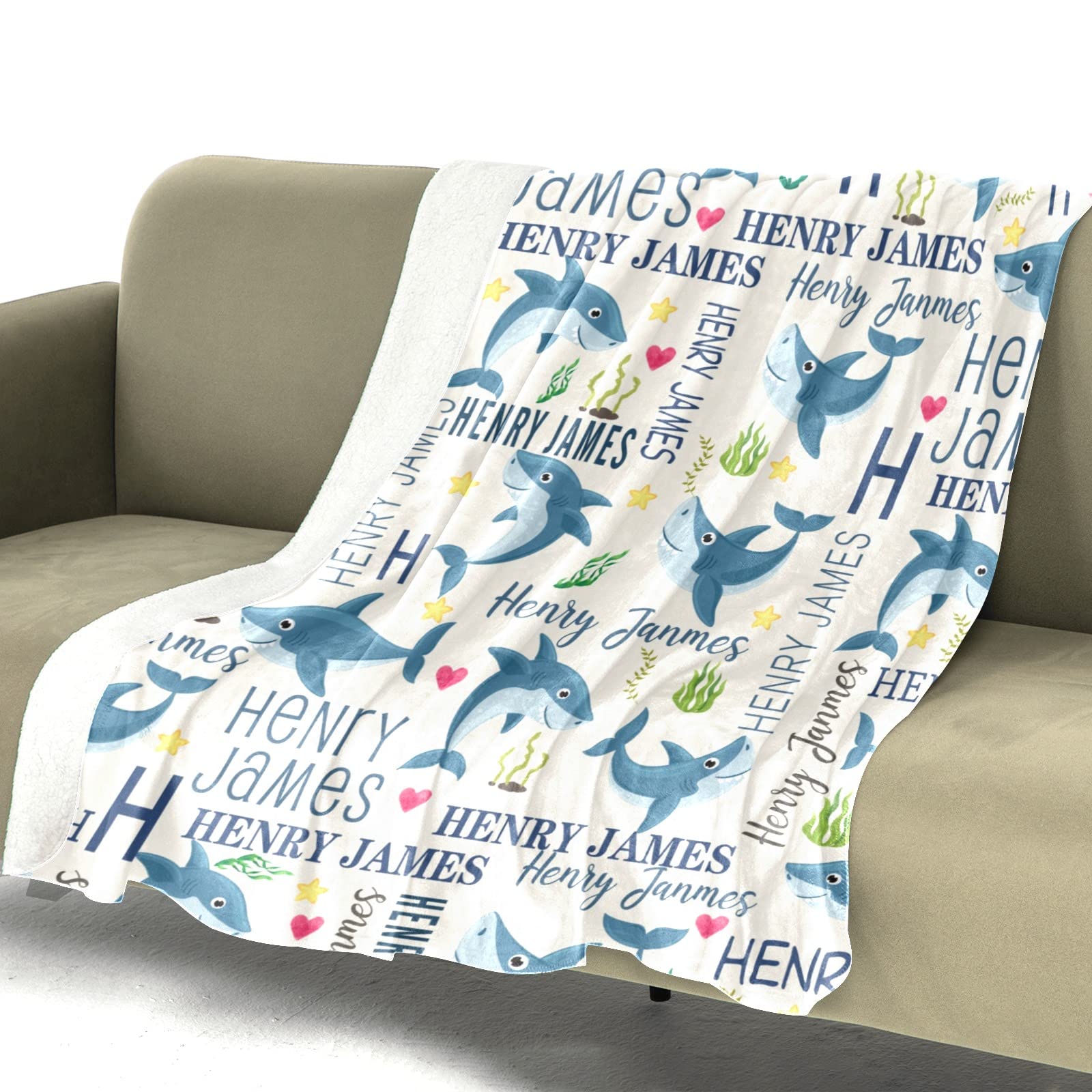 Customized Baby Blankets with Name - Cute Shark Pattern Personalized Sherpa Blanket for Boys & Girls | Unique Baby Shower Gift, Nursery Essential & Cozy Travel Blanket