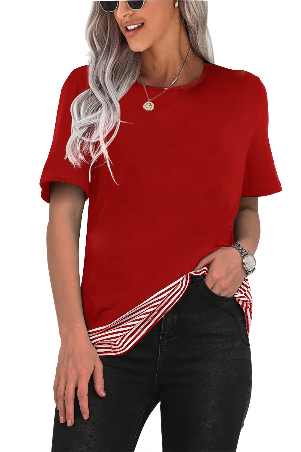Poief Women's Fashion Long Sleeve T-Shirts - Casual Crewneck Striped Color Block Blouses, Loose Comfortable Tee Tunics for Everyday Wear, Work & Weekend Outfits