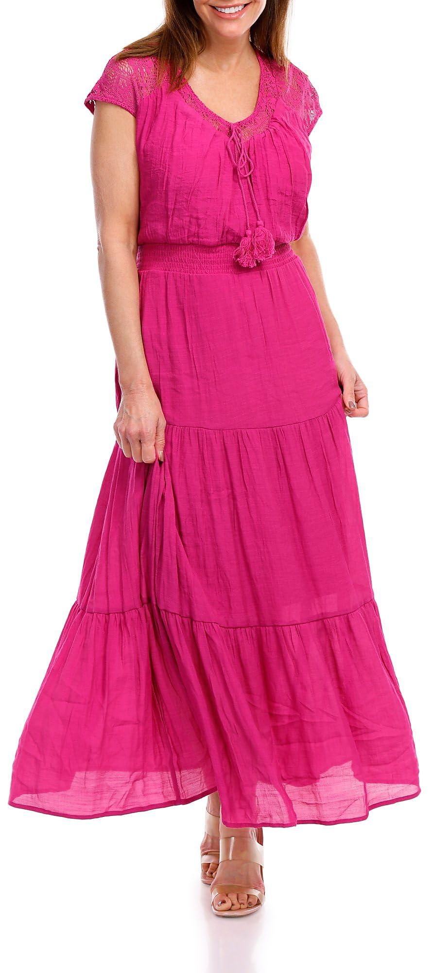 Women's Crochet Shoulder Sleeve Dress - Medium Size, Soft Pink | Boho Summer Beach Dress, Casual Party Outfit, Vacation Wear