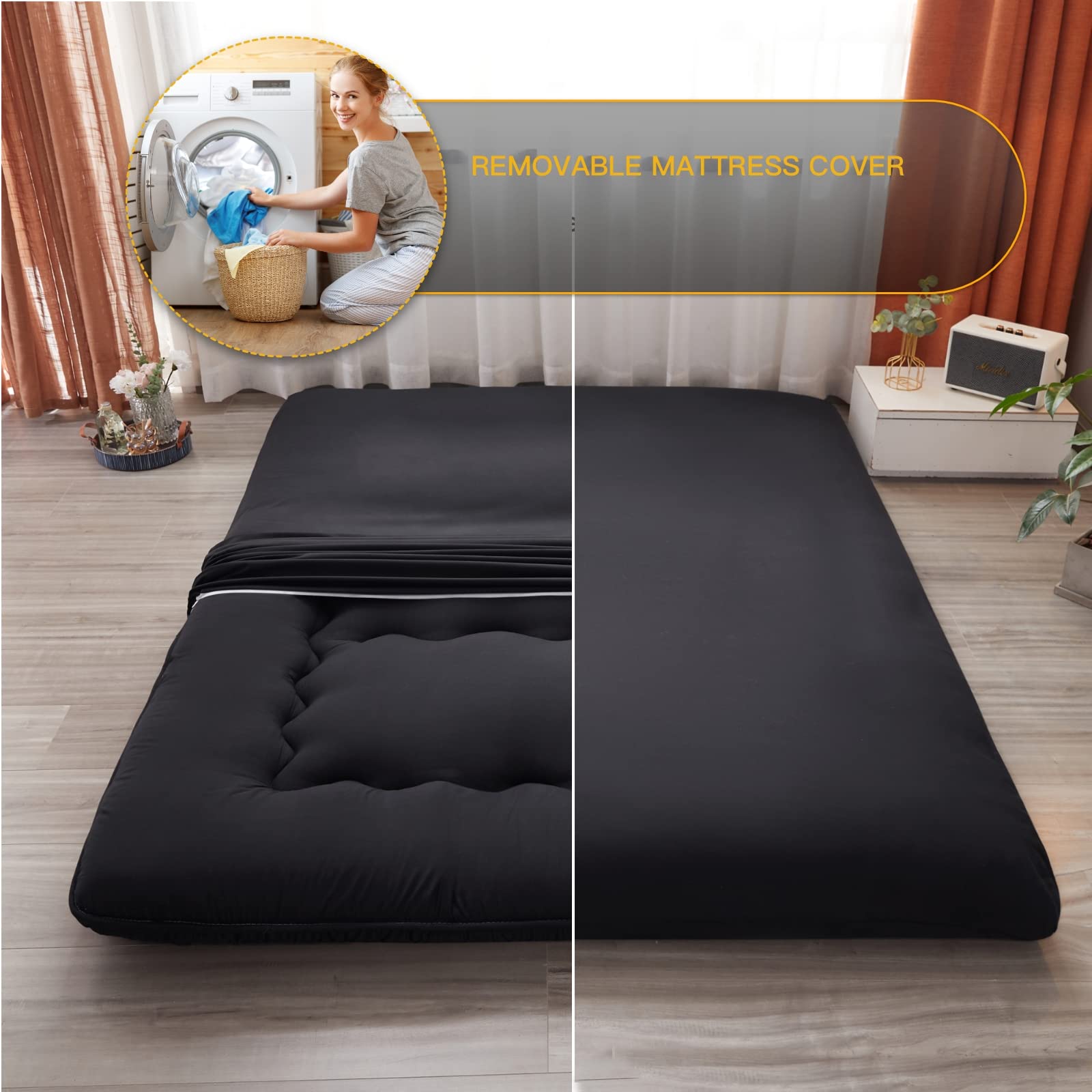 Japanese Floor Futon Mattress - Thick Foldable Tatami Sleeping Pad for Kids & Adults, Washable Cover - Black Queen Size for Dorm, Bedroom, or Guest Room