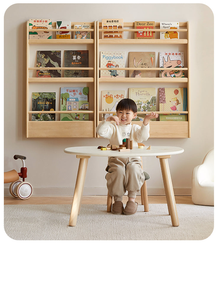Popar Solid Wood Wall Mounted Bookshelf - Kids Book Storage Organizer for Nursery, Playroom & Classroom - Perfect for Children's Books, Toys & Decor