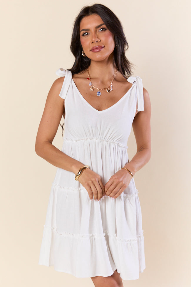 Sweetly Tied White Tie Shoulder Mini Dress - Elegant Summer Party Outfit for Weddings, Dates & Special Occasions