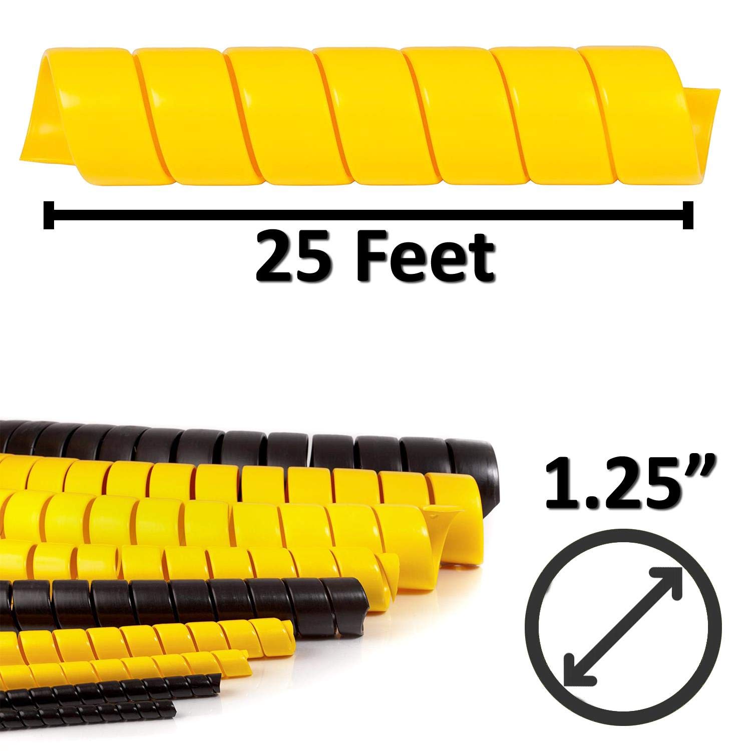 Heavy Duty 1.25 Inch HDPE Spiral Cable Sleeve - Flexible Plastic Wire Protector (25ft, Yellow) for Automotive Wiring, Home Theater Setup & Office Cable Management