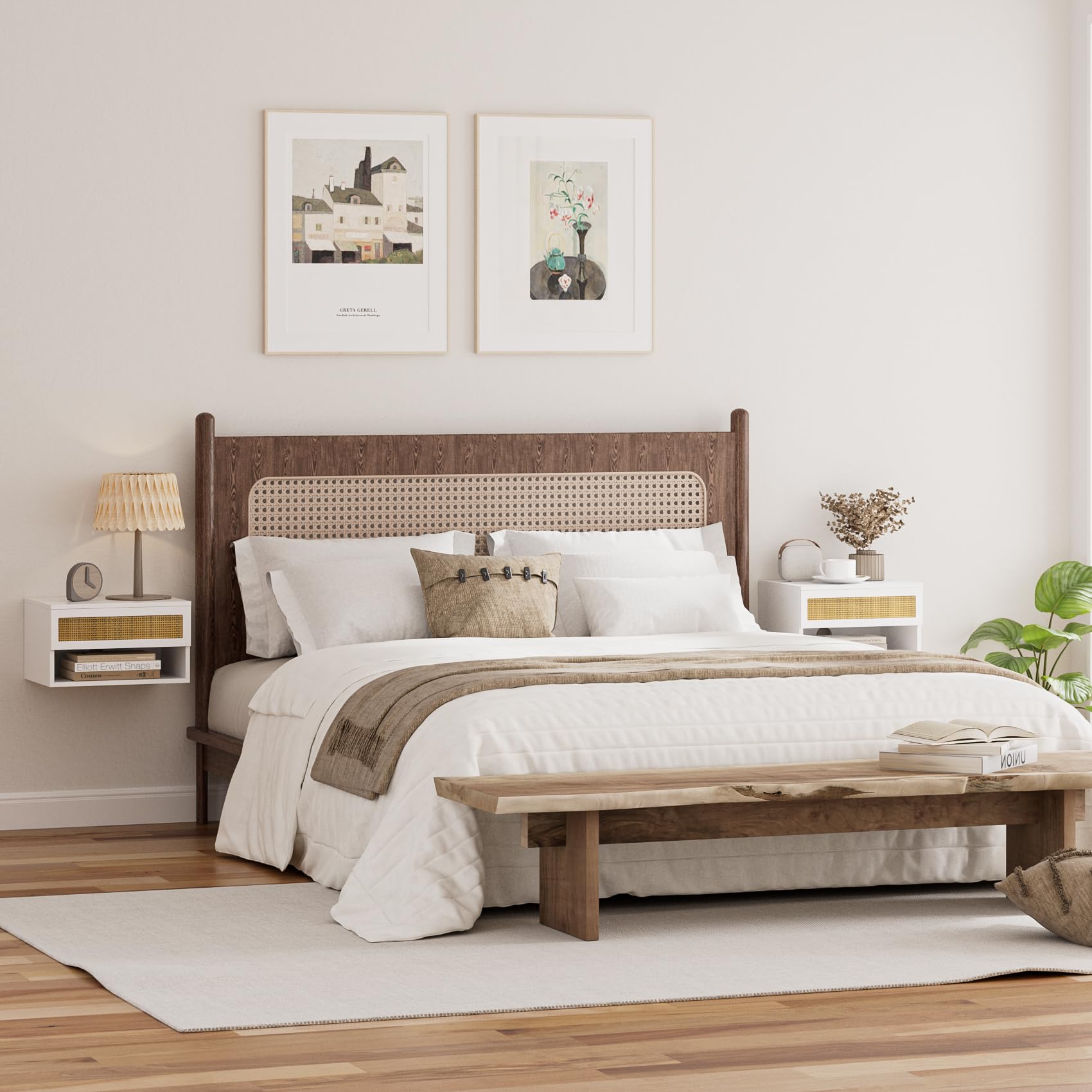 Modern White Rattan Nightstand with Drawer & Floating Shelves - Small Bedside Table for Bedroom, Bathroom, Living Room | Perfect for Storage & Home Decor