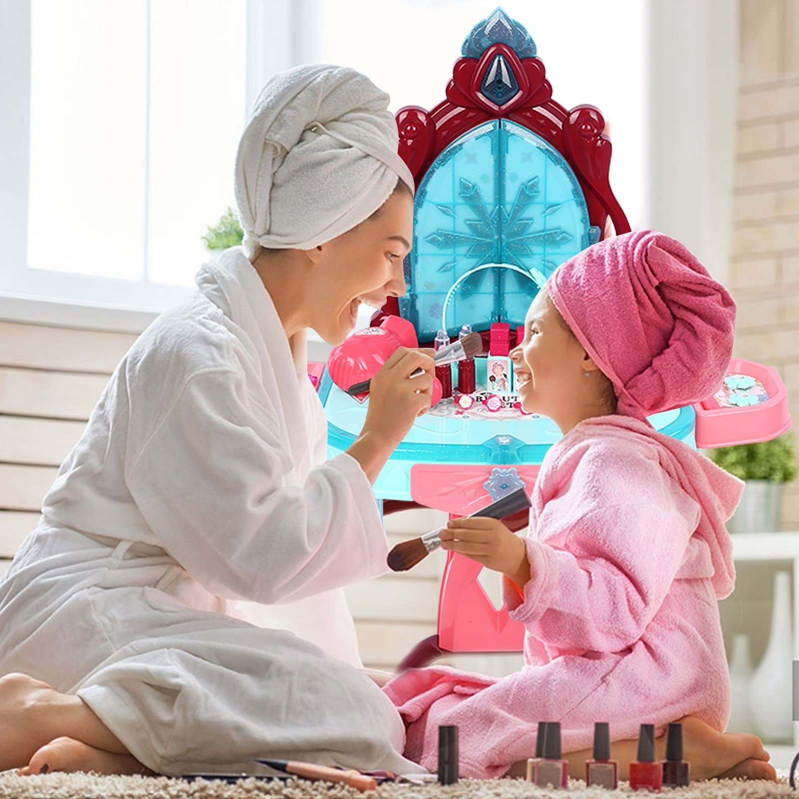 Pink Toddler Vanity Set with Lights & Sounds - Kids Makeup Vanity Table with Stool, Blow Dryer & Accessories - Pretend Play Dress Up Toy for Girls Ages 3+ - Perfect for Birthday Gifts & Role Play Fun