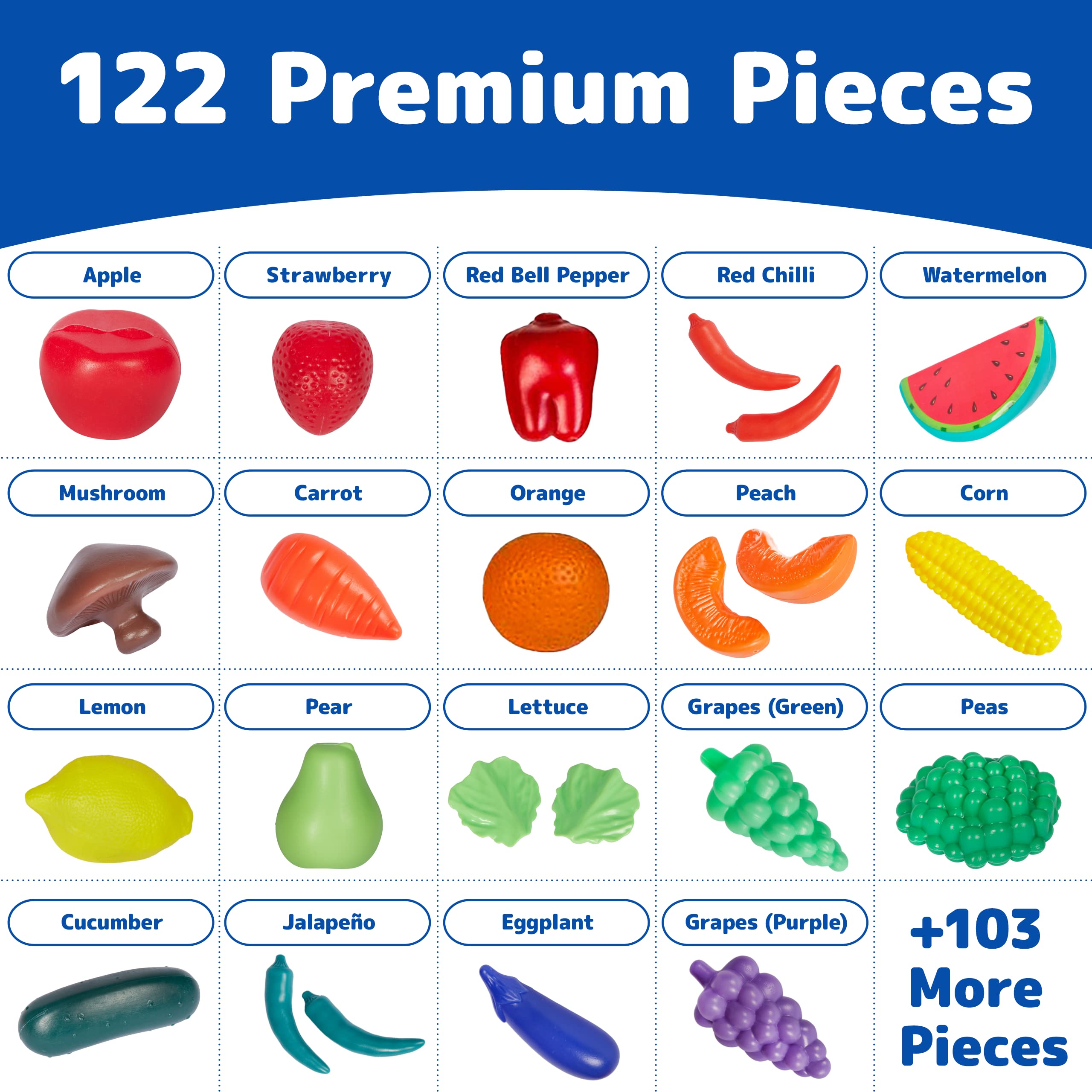 Jaxojoy 122-Piece Pretend Play Food Set for Kids - Realistic Toy Kitchen Accessories with Fruits, Vegetables & More - Perfect for Imaginative Play, Toddler Learning & Role-Playing Games - Great Gift for Birthday & Christmas (Ideal for Home, Preschool & Playdates)