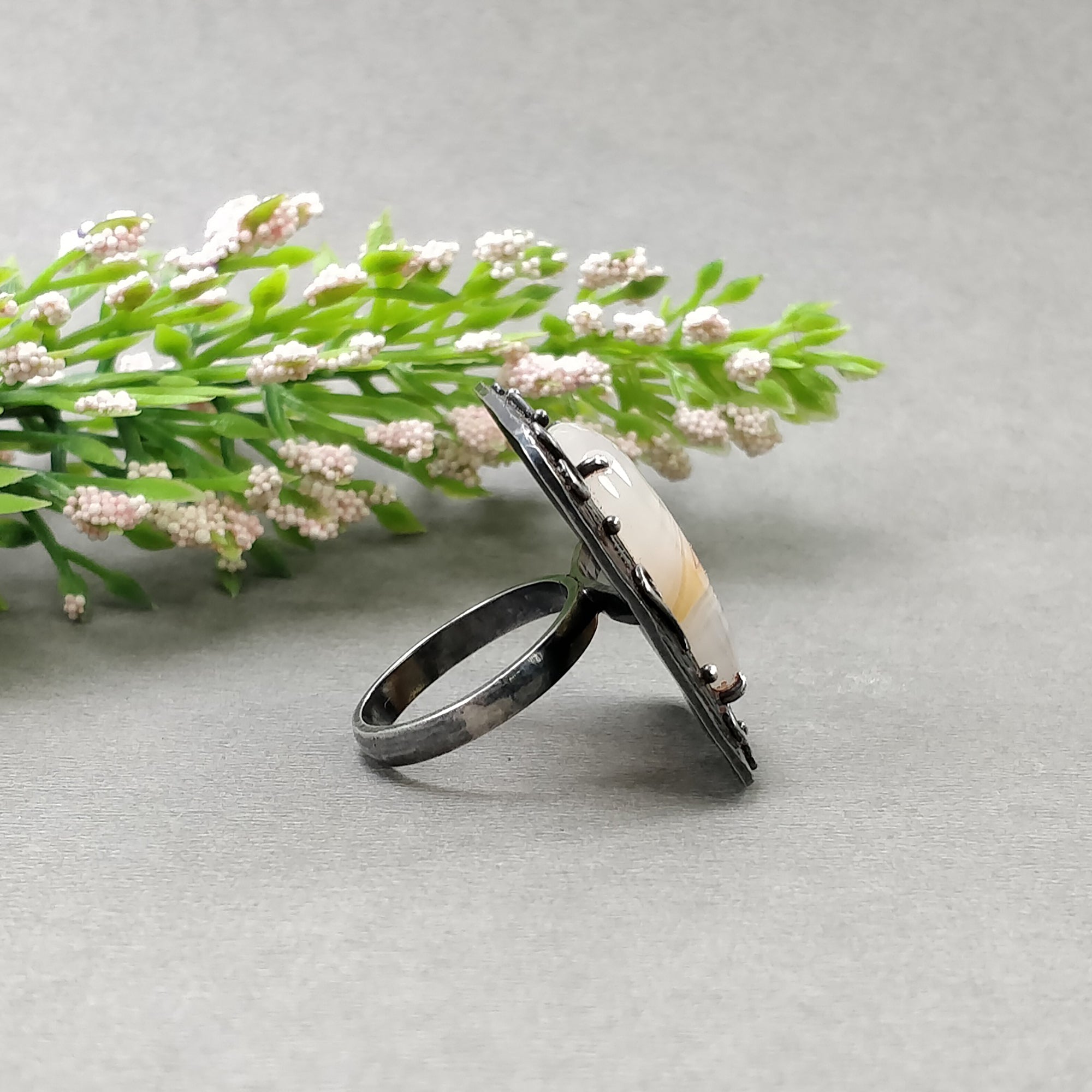 925 Sterling Silver Ring with Natural Botswana Agate Gemstone - Cushion Shape Cabochon Bezel Set Victorian Statement Ring (Size 7 US) | Elegant Jewelry for Women, Perfect for Weddings, Parties & Special Occasions