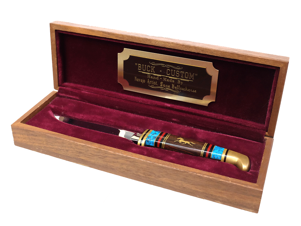 Authentic Navajo Handmade Buck Custom Knife by Artist Dave Yellowhorse - Fixed Blade with Inlaid Turquoise - Perfect for Collectors, Outdoor Adventures & Native American Art Display